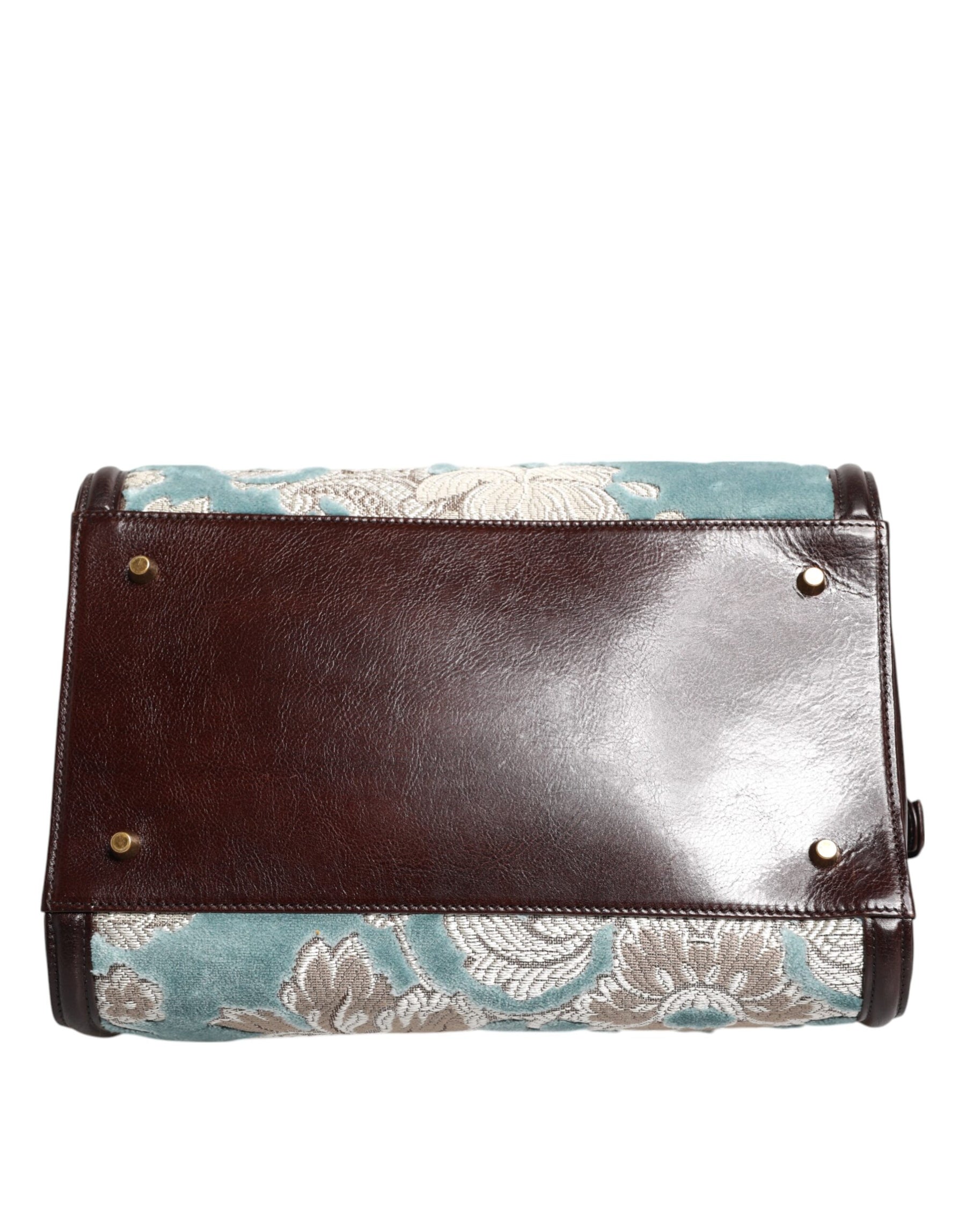 Dolce & Gabbana Blue Brown Leather Floral Jacquard Travel Handbag Bag | Regal Royce