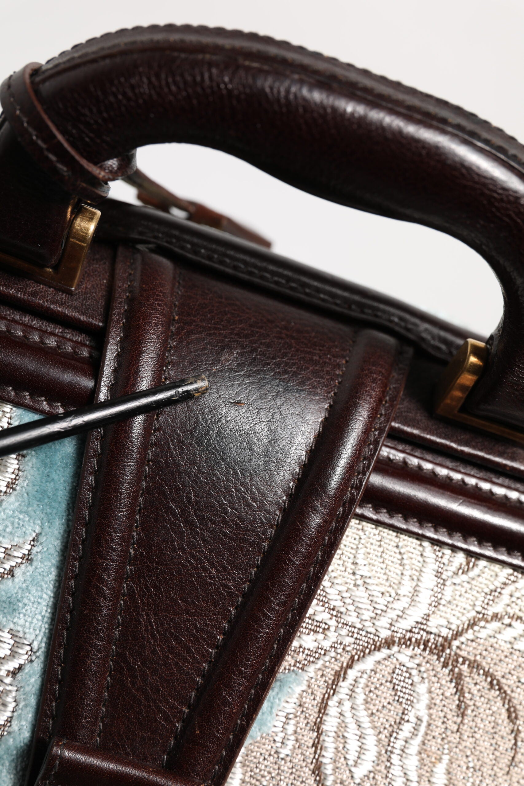 Dolce & Gabbana Blue Brown Leather Floral Jacquard Travel Handbag Bag | Regal Royce