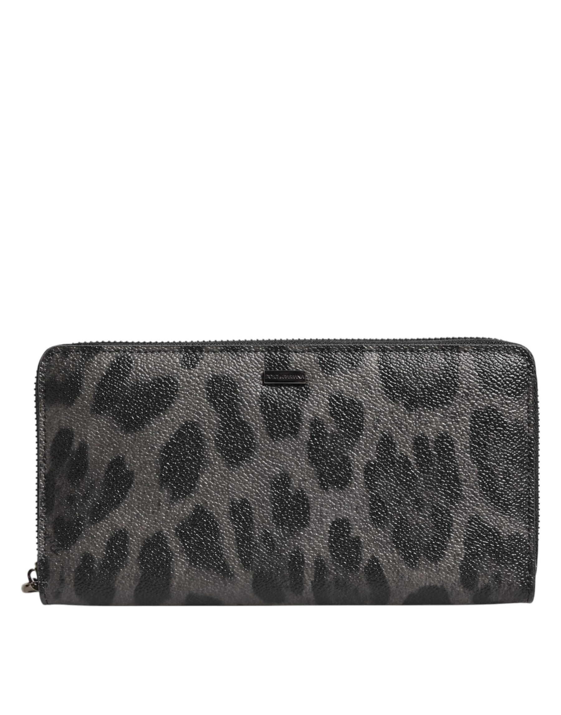 Dolce & Gabbana Black Gray Leopard Leather Zip Around Continental Wallet | Regal Royce