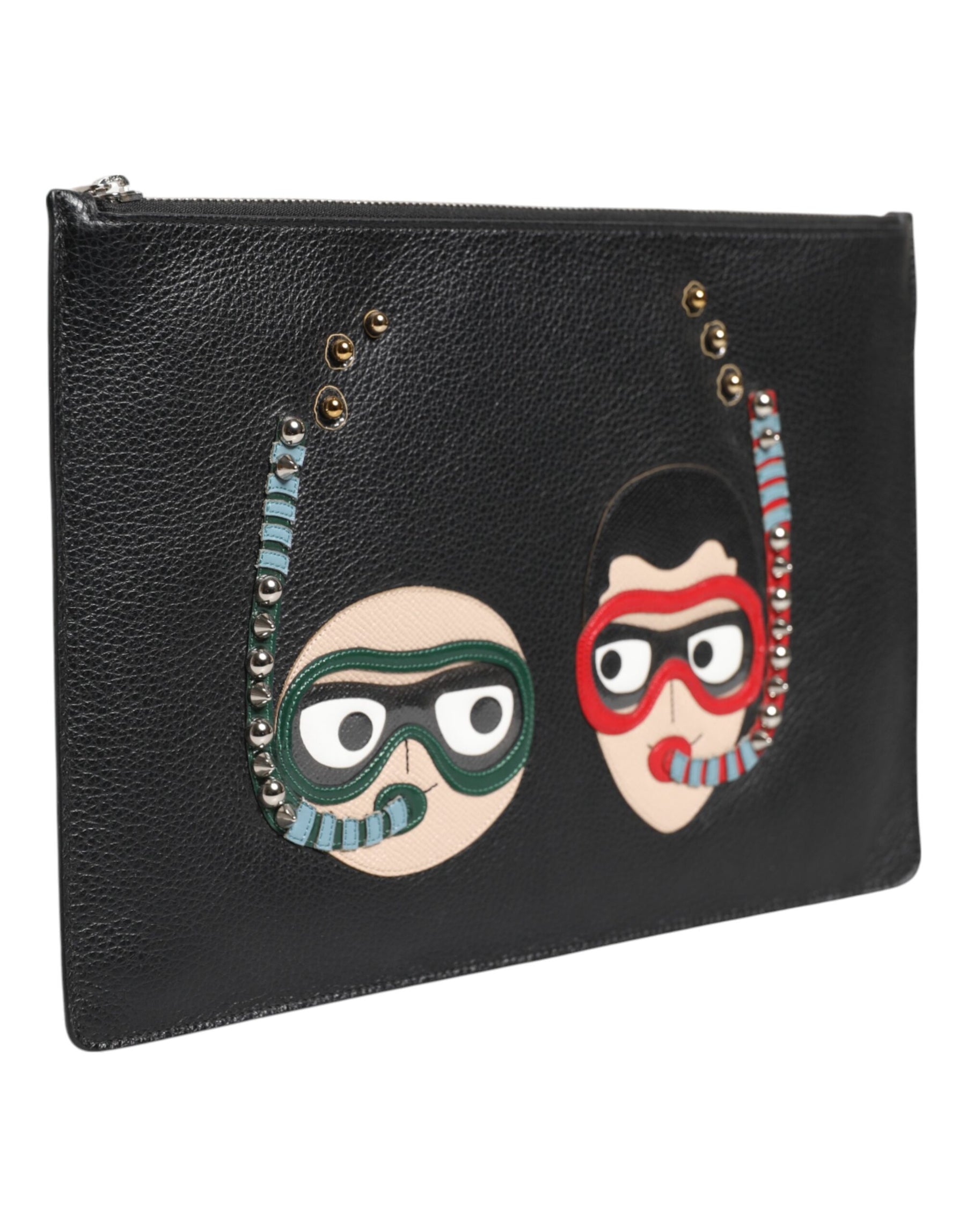 Dolce & Gabbana Black Leather #DGFAMILY Embellished Men Clutch Pouch Bag | Regal Royce