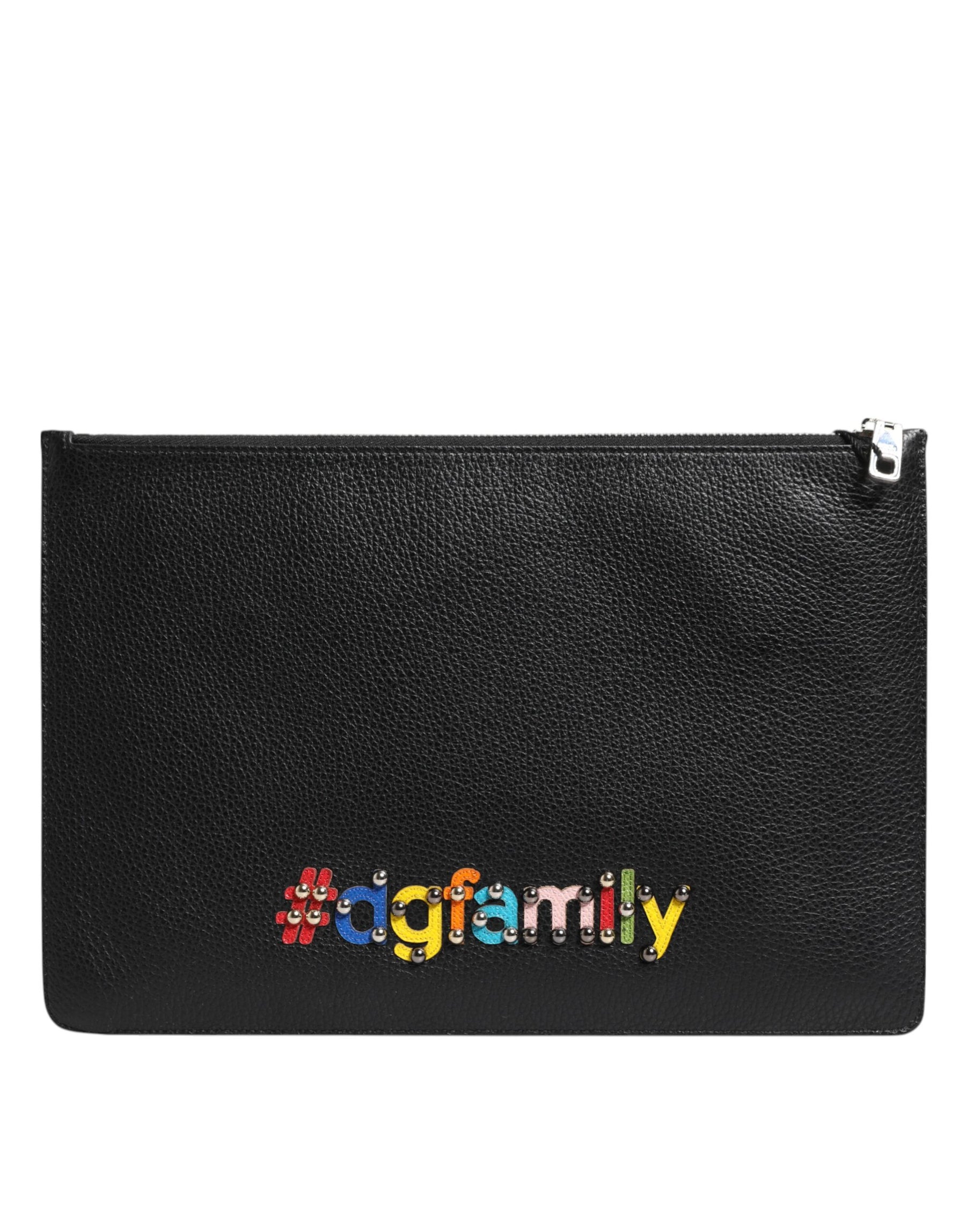 Dolce & Gabbana Black Leather #DGFAMILY Embellished Men Clutch Pouch Bag | Regal Royce