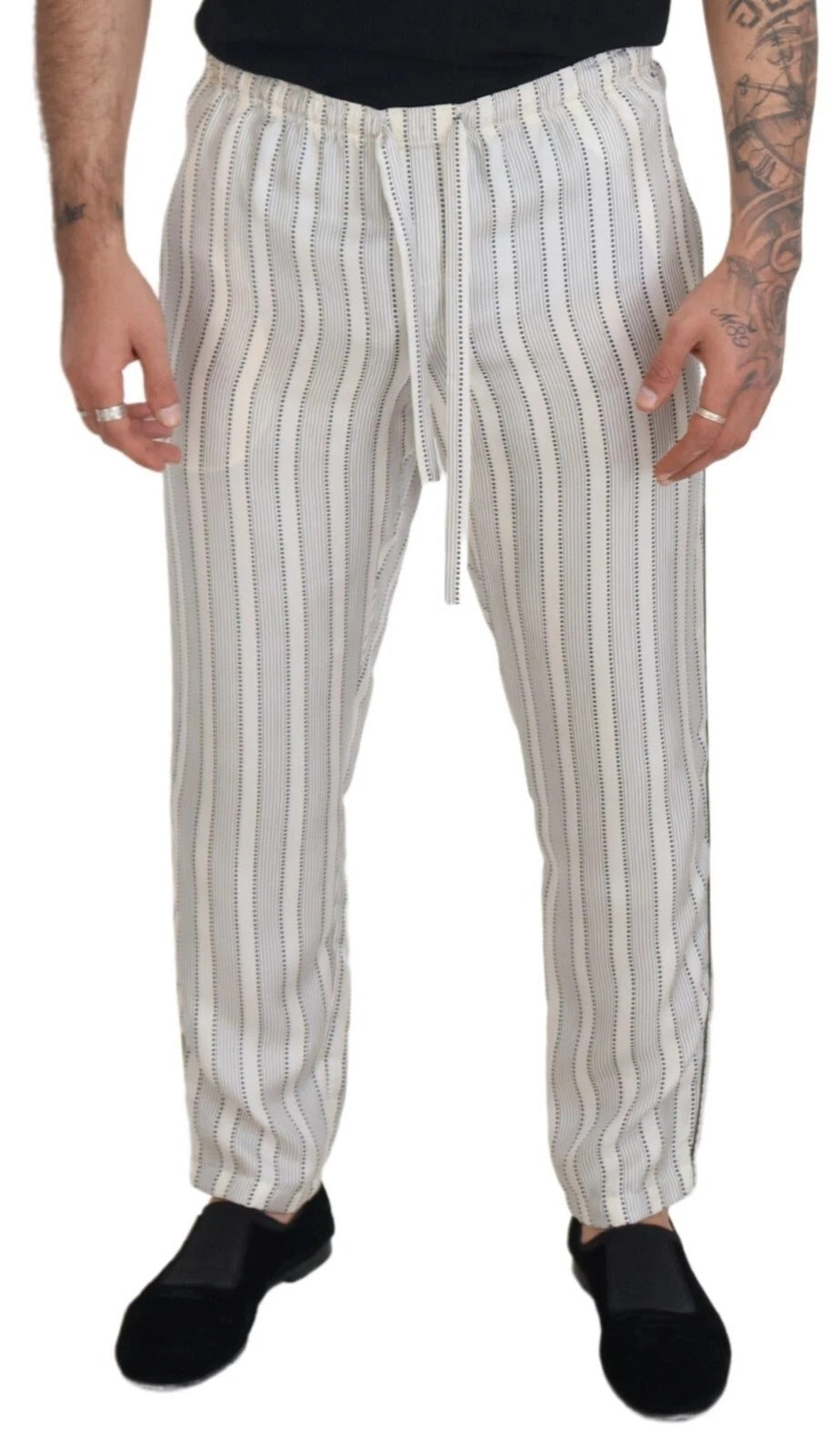 Dolce & Gabbana White Stripes Silk Lounge Trouser Pants | Regal Royce
