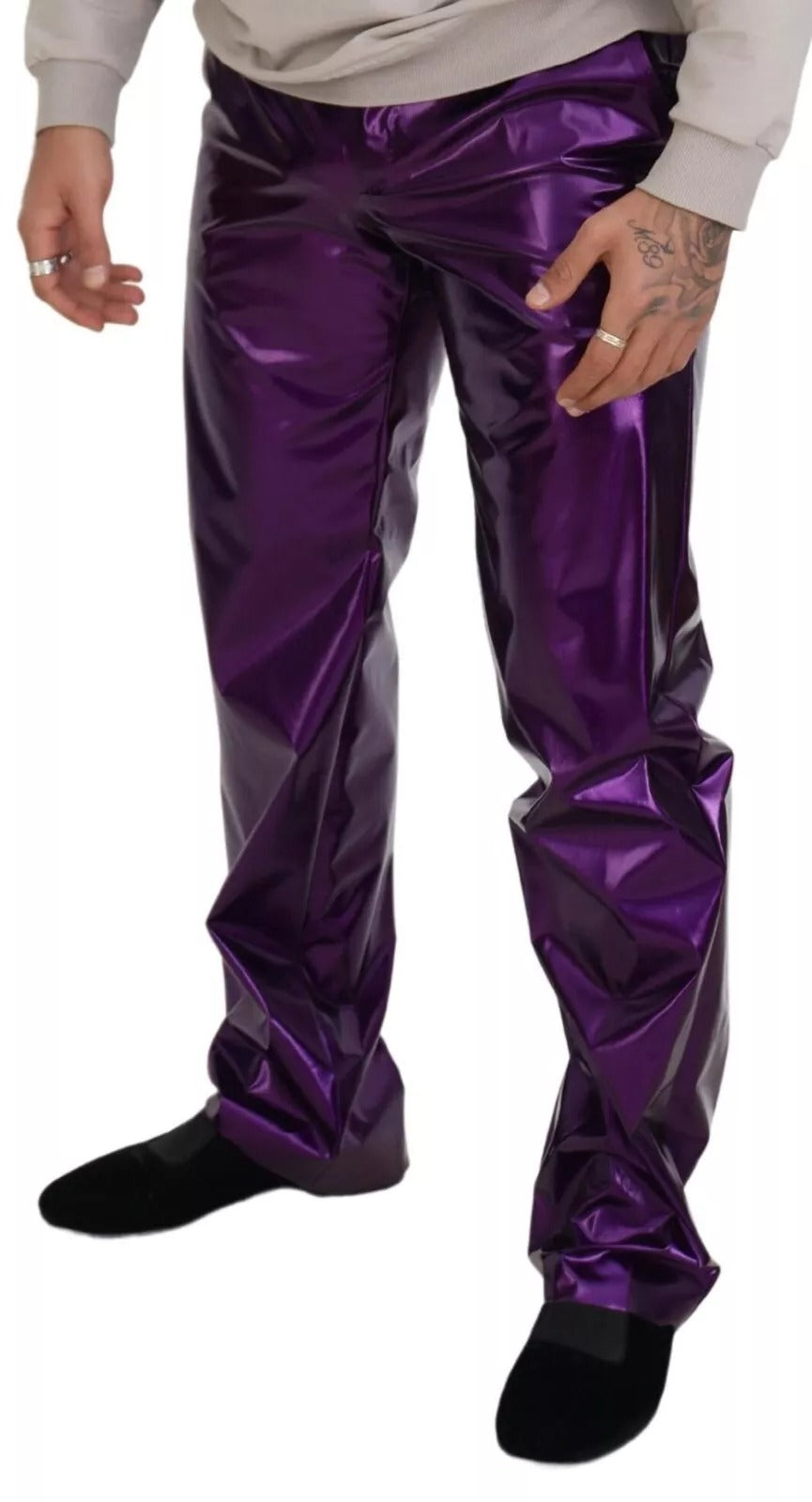 Dolce & Gabbana Purple Metallic Nylon Straight Trouser Pants | Regal Royce