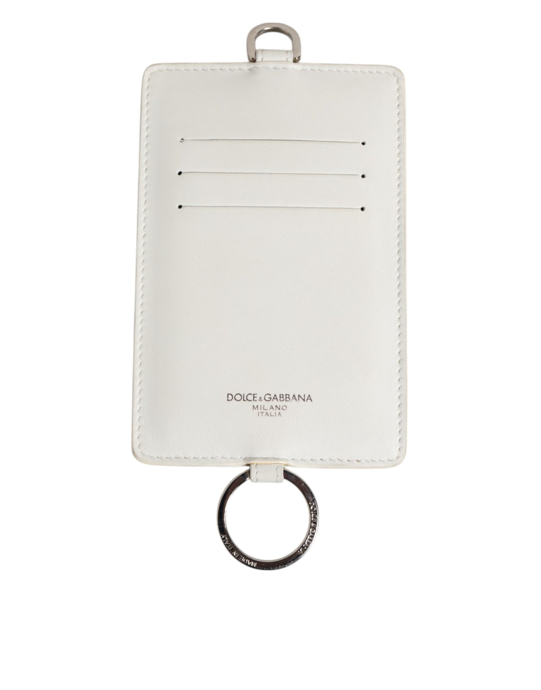 Dolce & Gabbana White Calf Leather Lanyard Logo Card Holder Men Wallet | Regal Royce