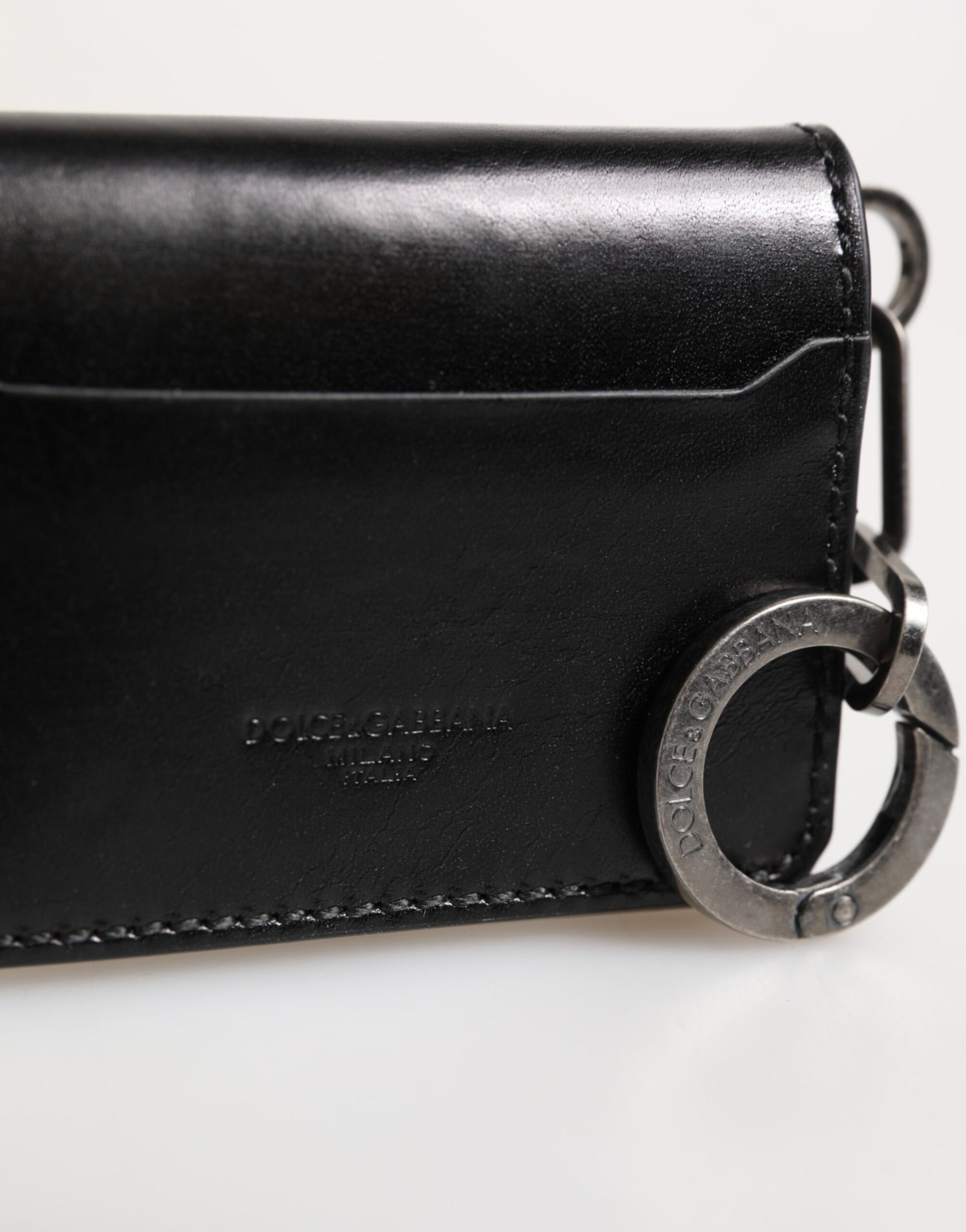 Dolce & Gabbana Wallet Black Leather Logo Embossed Key Chain Card Holder Wallet | Regal Royce