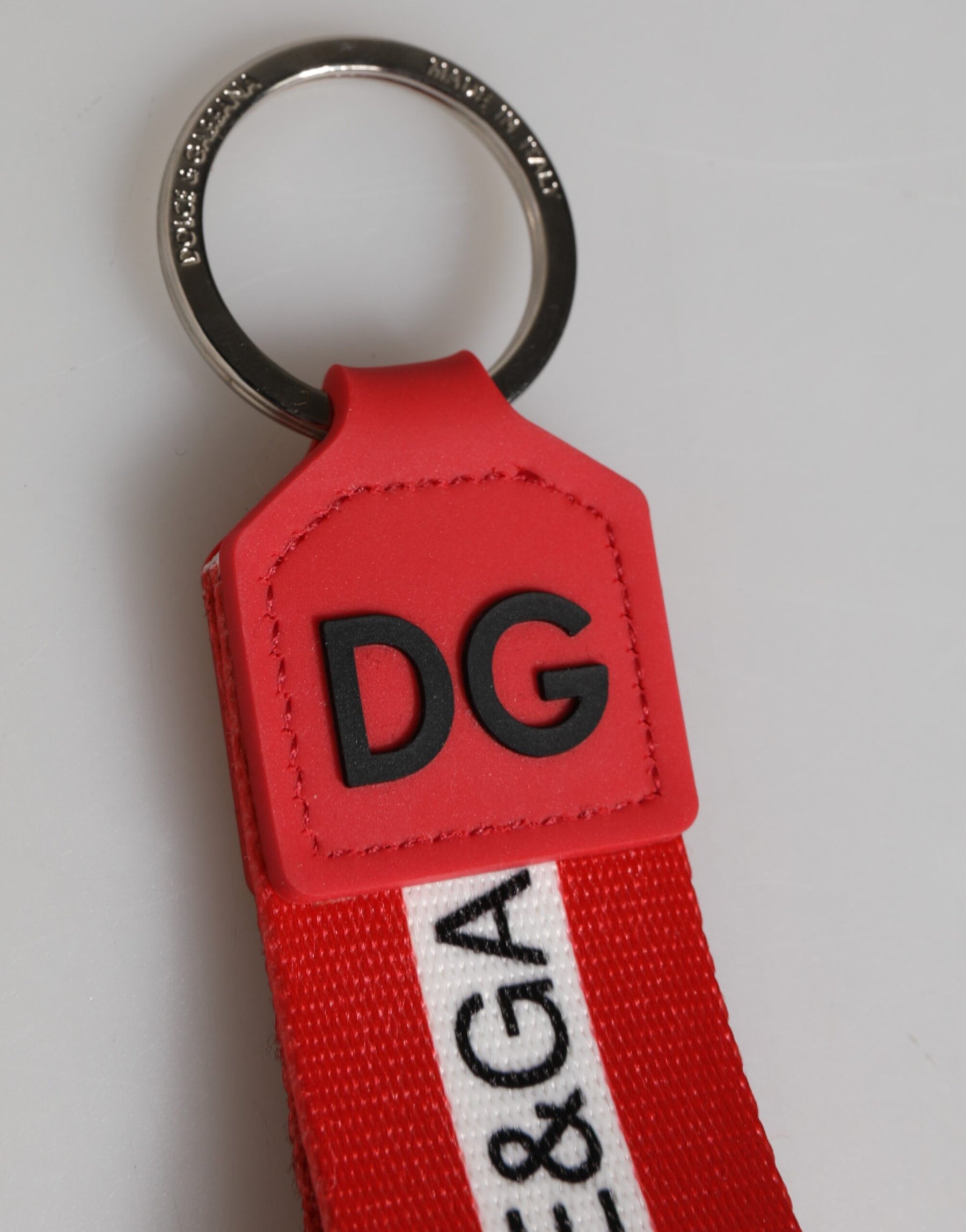Dolce & Gabbana Red Logo Polyester Silver Brass Holder Keychain Keyring | Regal Royce