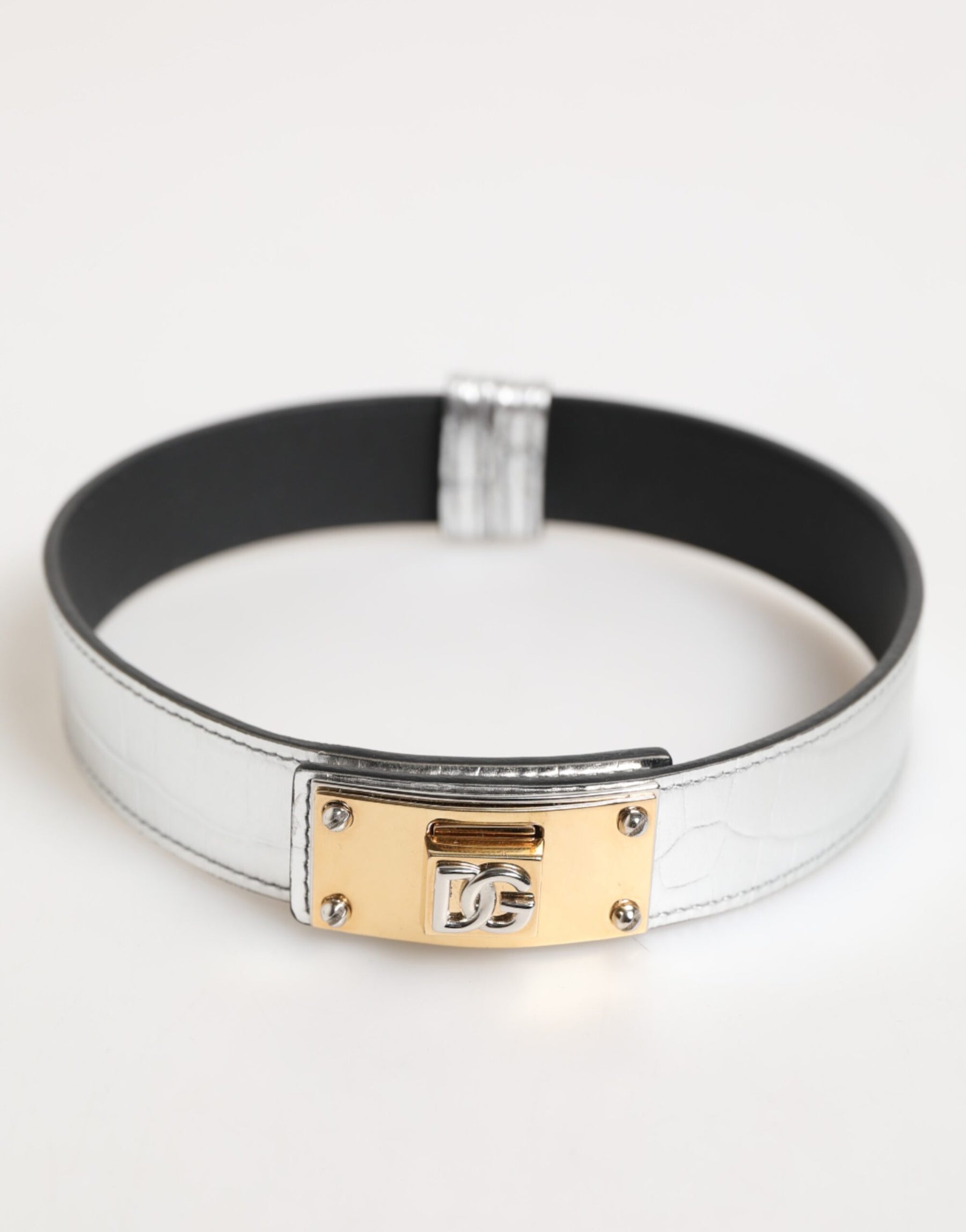 Dolce & Gabbana Silver Textured Leather Gold Tone Metal Neckband | Regal Royce