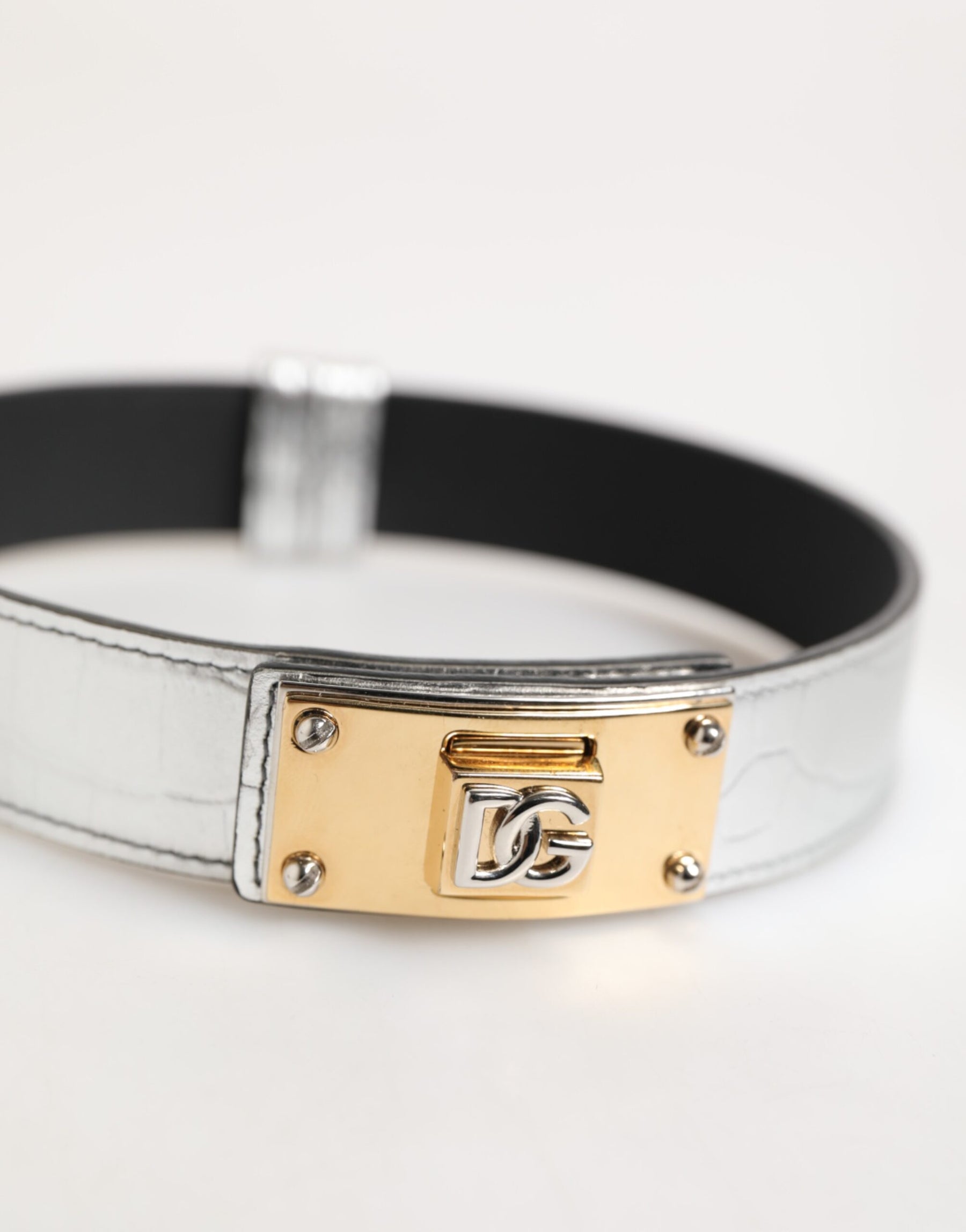 Dolce & Gabbana Silver Textured Leather Gold Tone Metal Neckband | Regal Royce