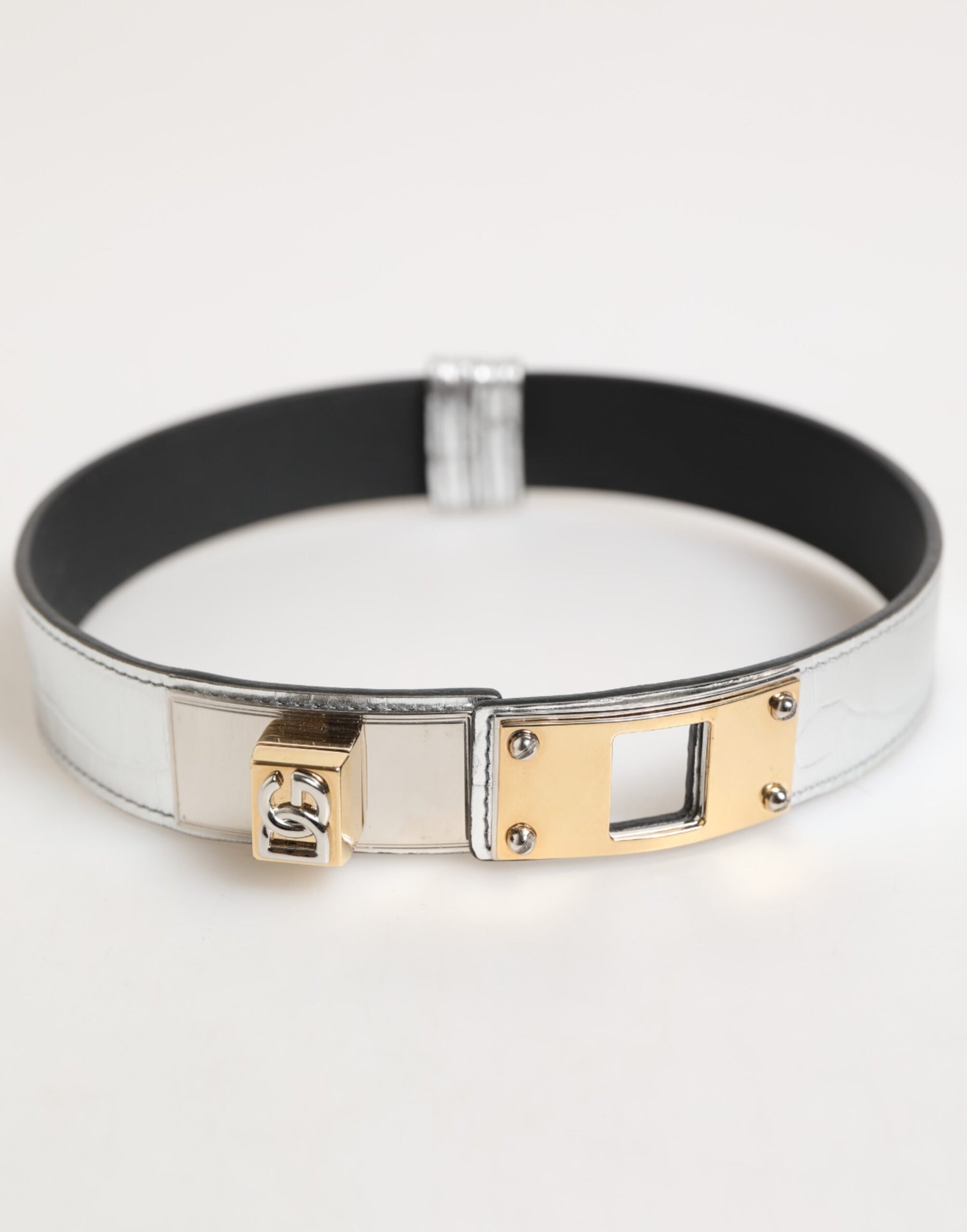 Dolce & Gabbana Silver Textured Leather Gold Tone Metal Neckband | Regal Royce