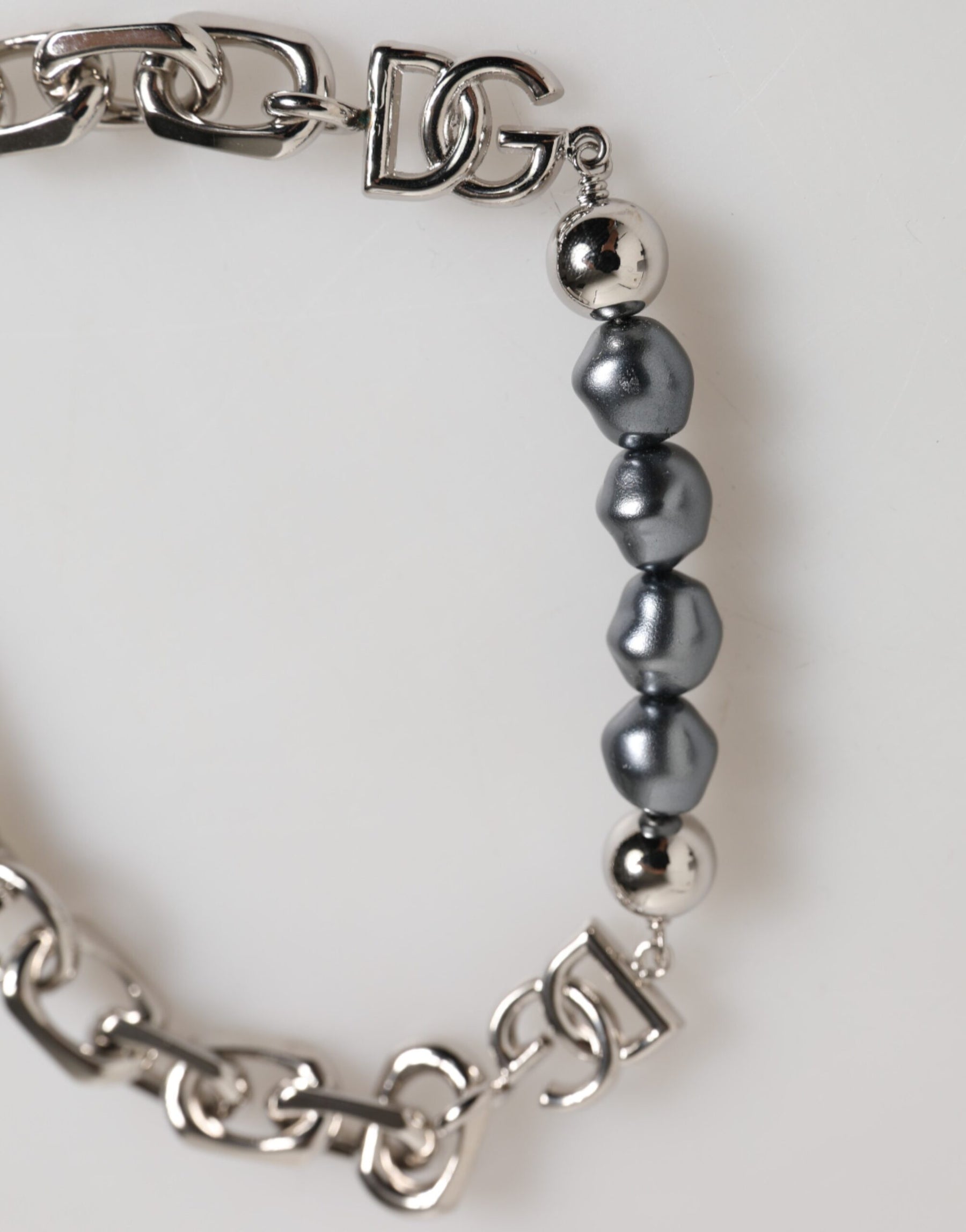 Dolce & Gabbana Silver Tone Chain Lobster Clasp Logo Gray Pearls Bracelet | Regal Royce
