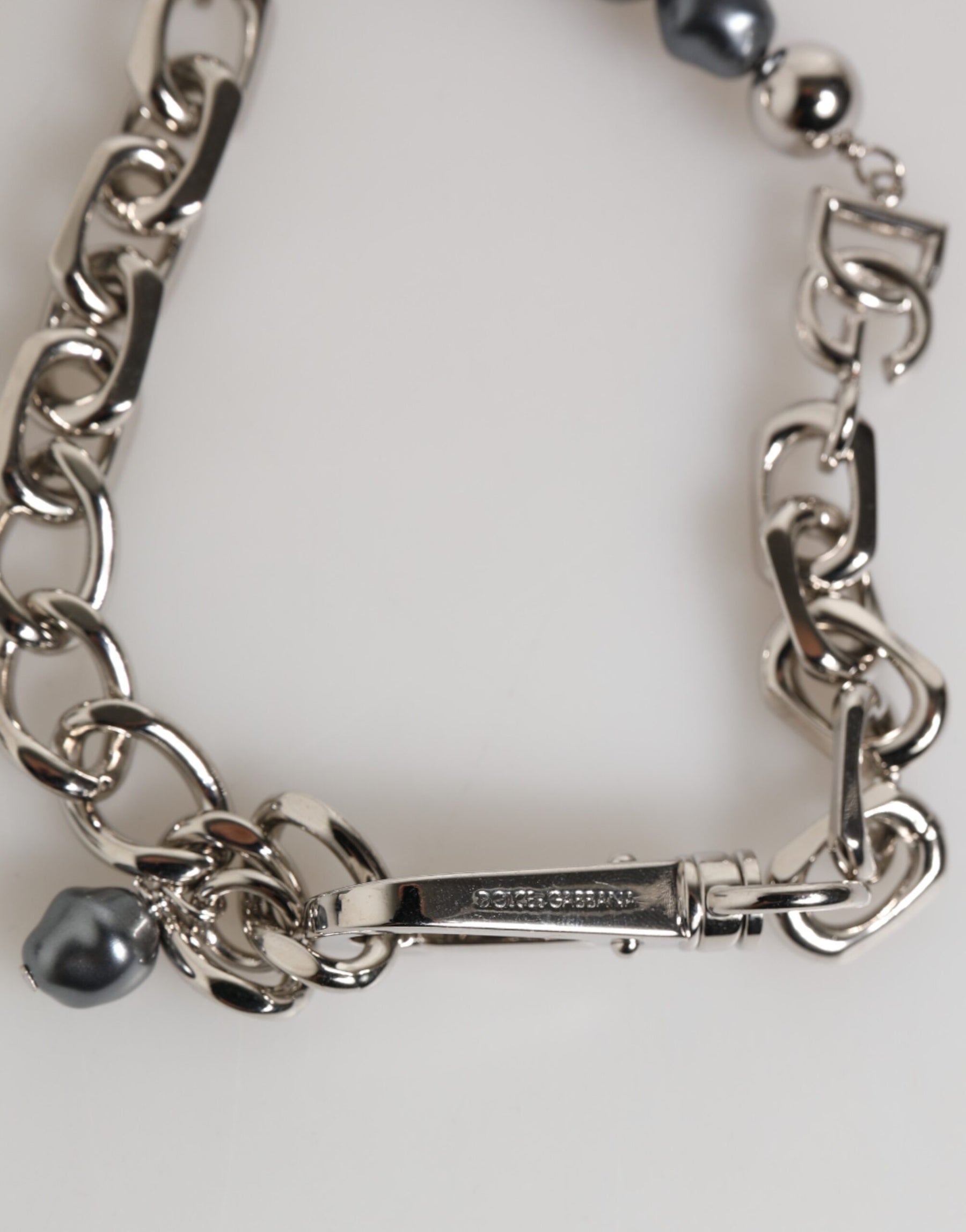 Dolce & Gabbana Silver Tone Chain Lobster Clasp Logo Gray Pearls Bracelet | Regal Royce