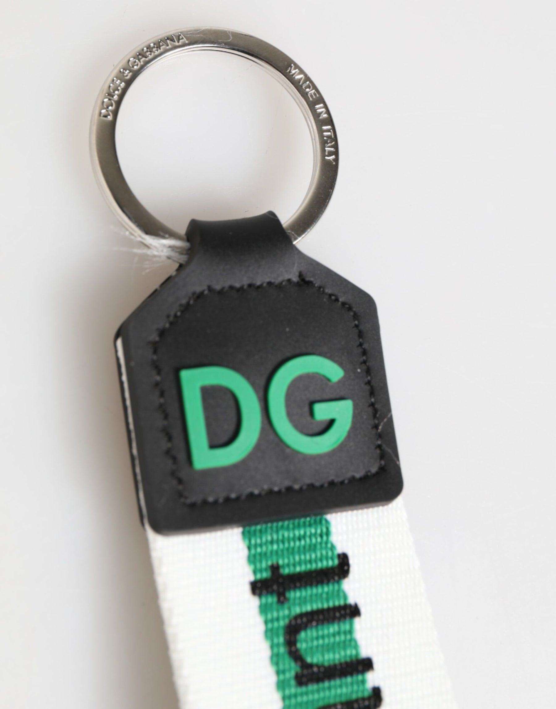 Dolce & Gabbana Green Logo Polyester Silver Brass Holder Keychain Keyring | Regal Royce