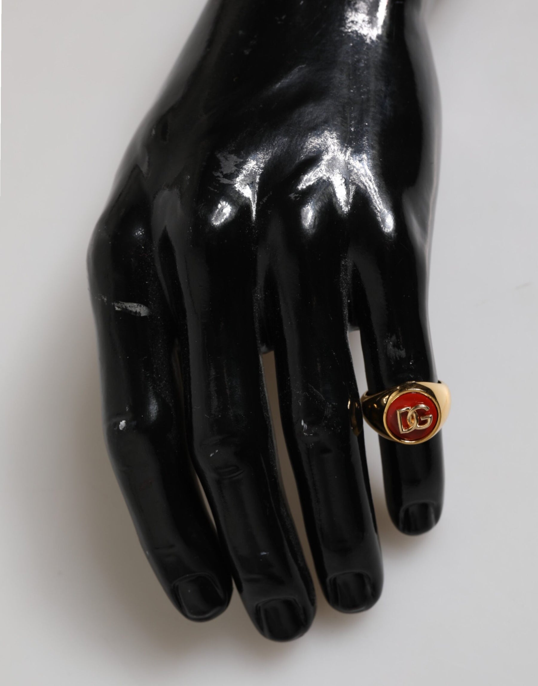 Dolce & Gabbana Gold Tone Real Brass Round Red DG Logo Men Ring | Regal Royce