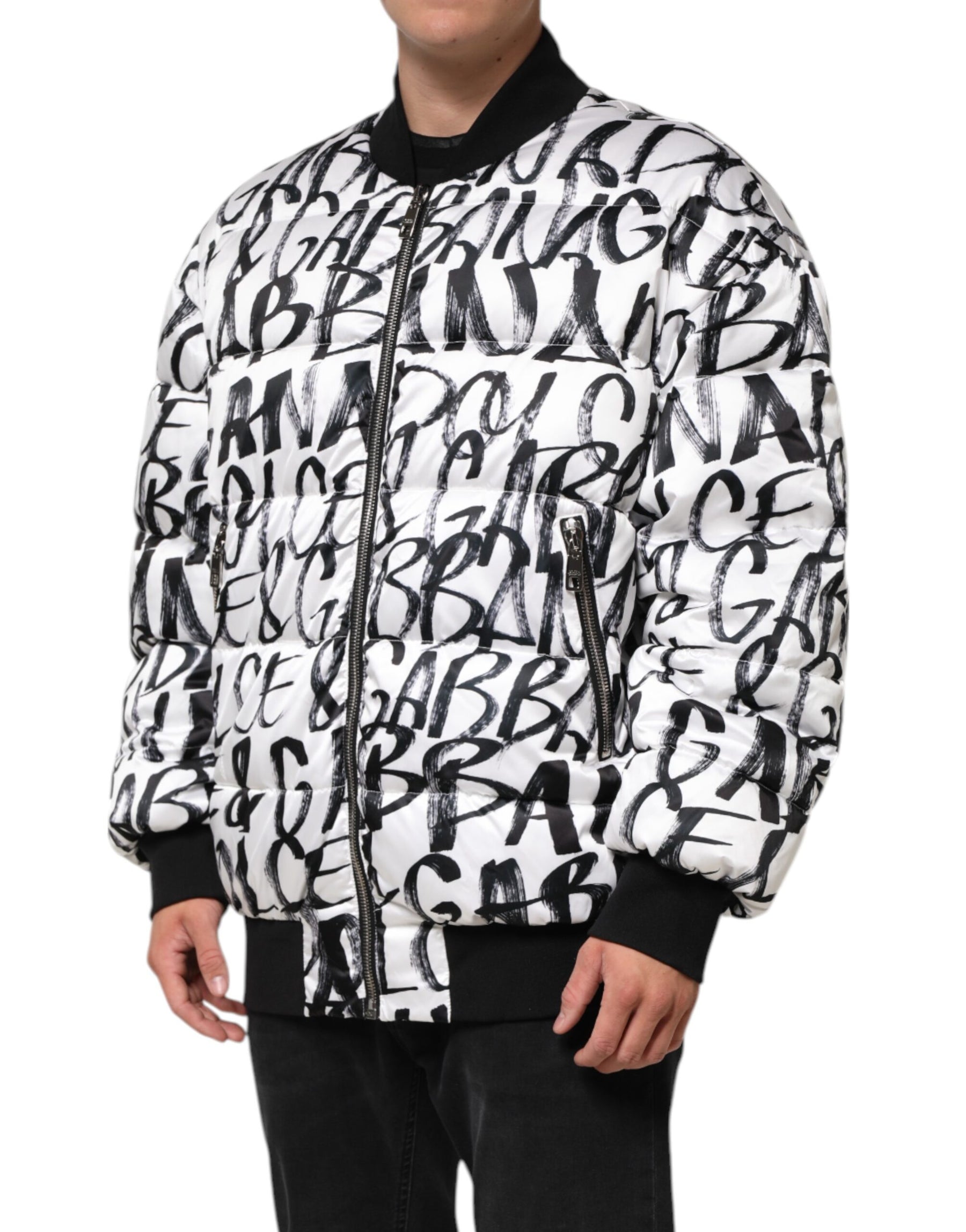 Dolce & Gabbana White Black Graffiti Logo Puffer Bomber Jacket | Regal Royce