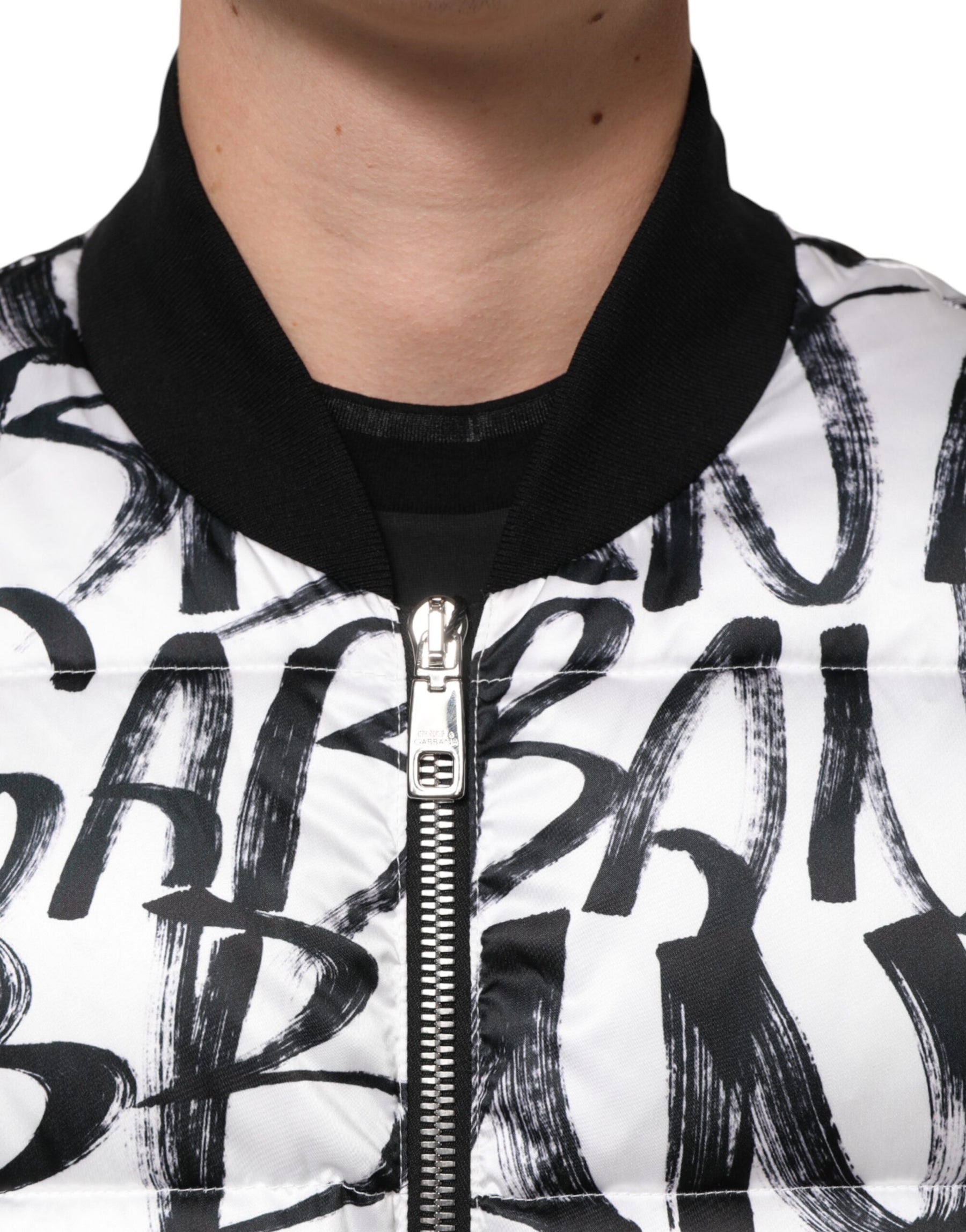 Dolce & Gabbana White Black Graffiti Logo Puffer Bomber Jacket | Regal Royce