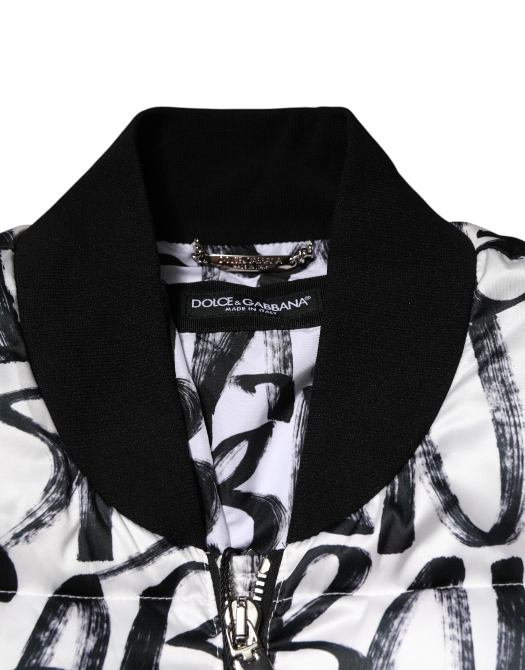 Dolce & Gabbana White Black Graffiti Logo Puffer Bomber Jacket | Regal Royce