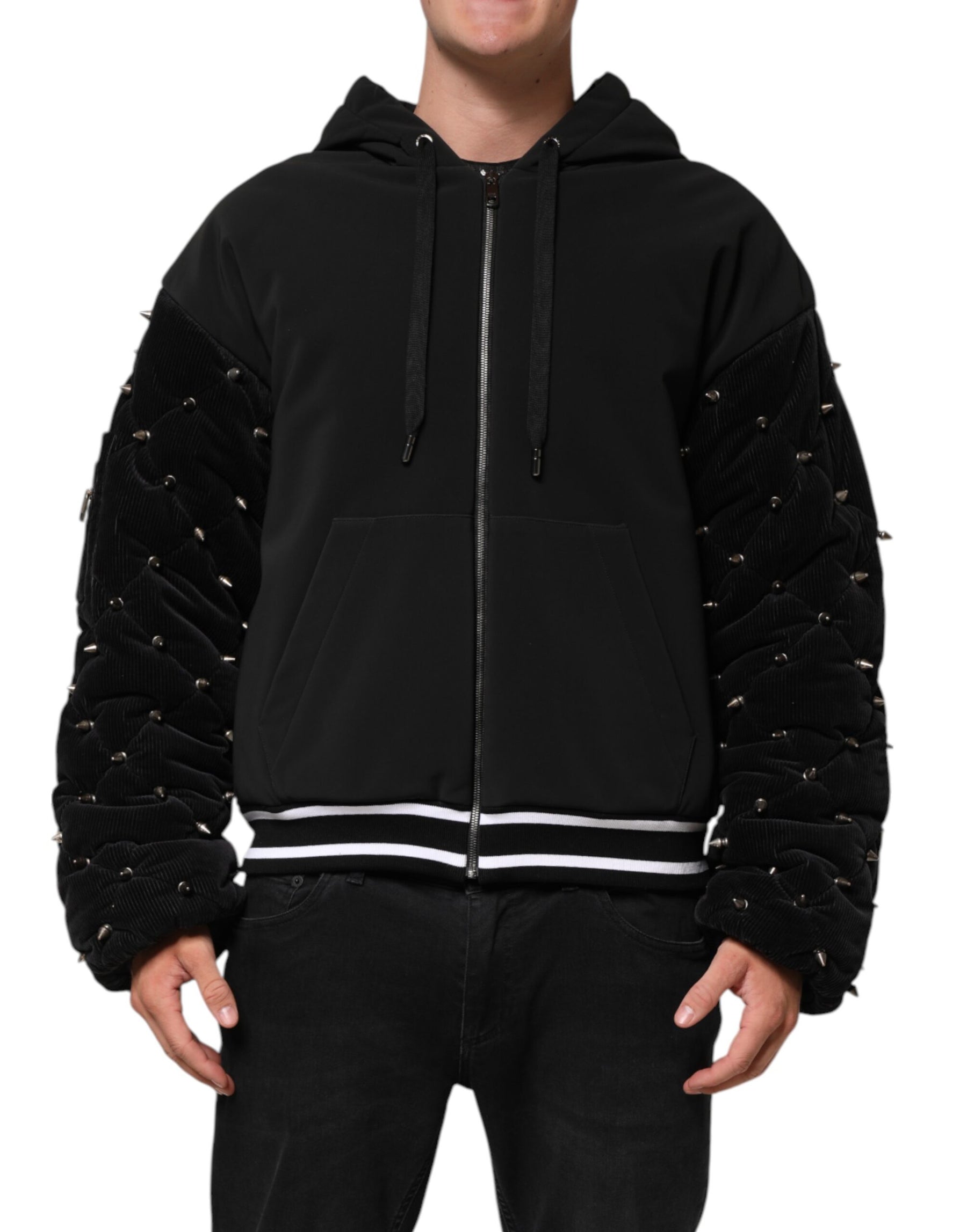Dolce & Gabbana Black Cotton Quilted Studded Sleeve Hoodie Jacket | Regal Royce