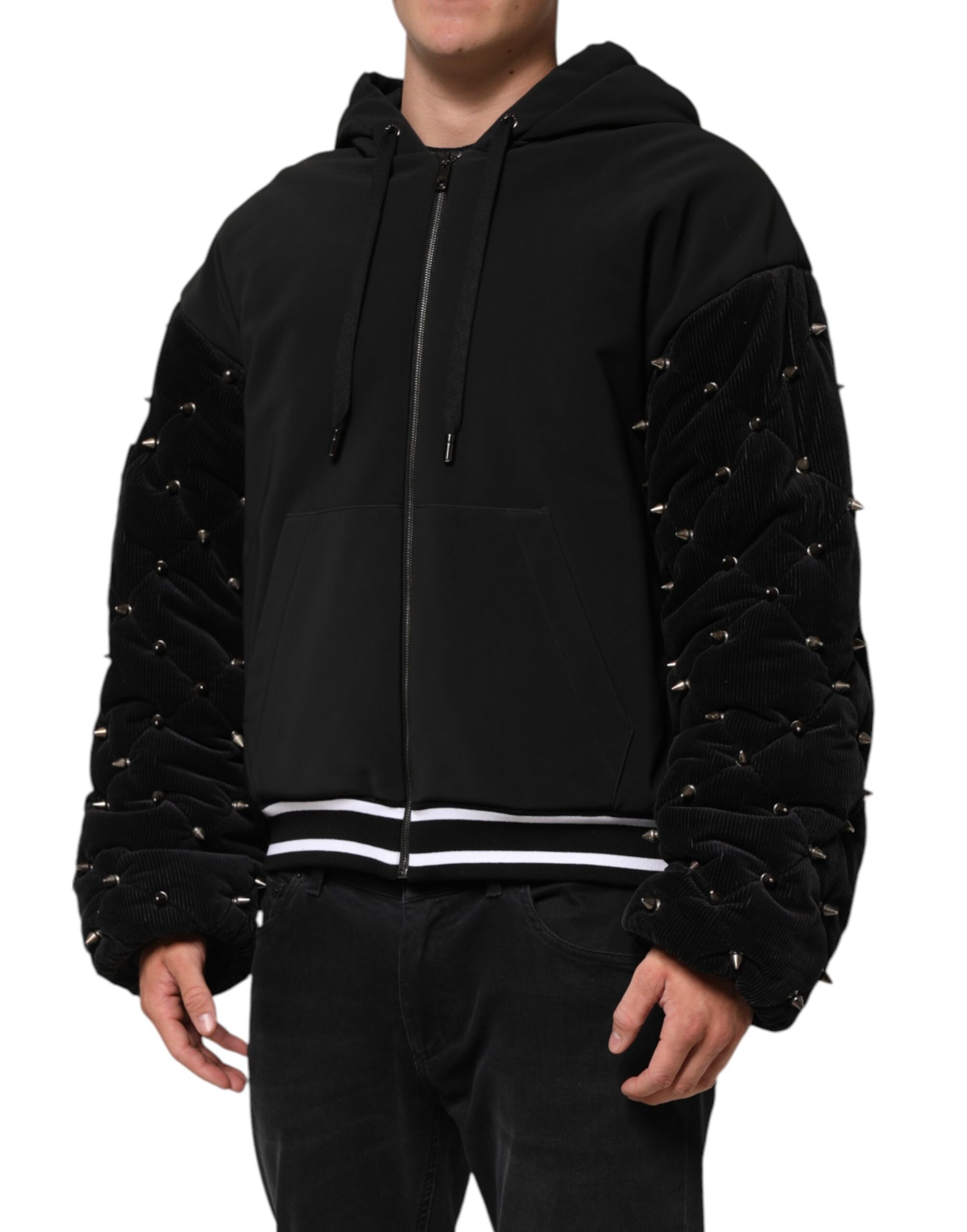 Dolce & Gabbana Black Cotton Quilted Studded Sleeve Hoodie Jacket | Regal Royce