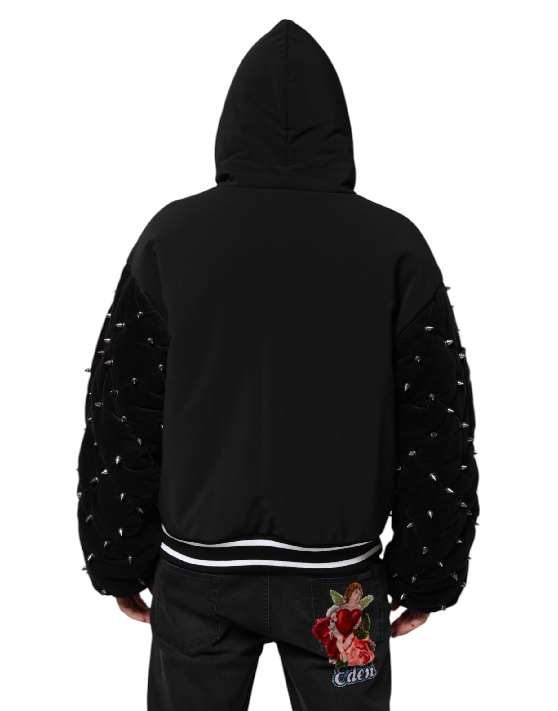 Dolce & Gabbana Black Cotton Quilted Studded Sleeve Hoodie Jacket | Regal Royce