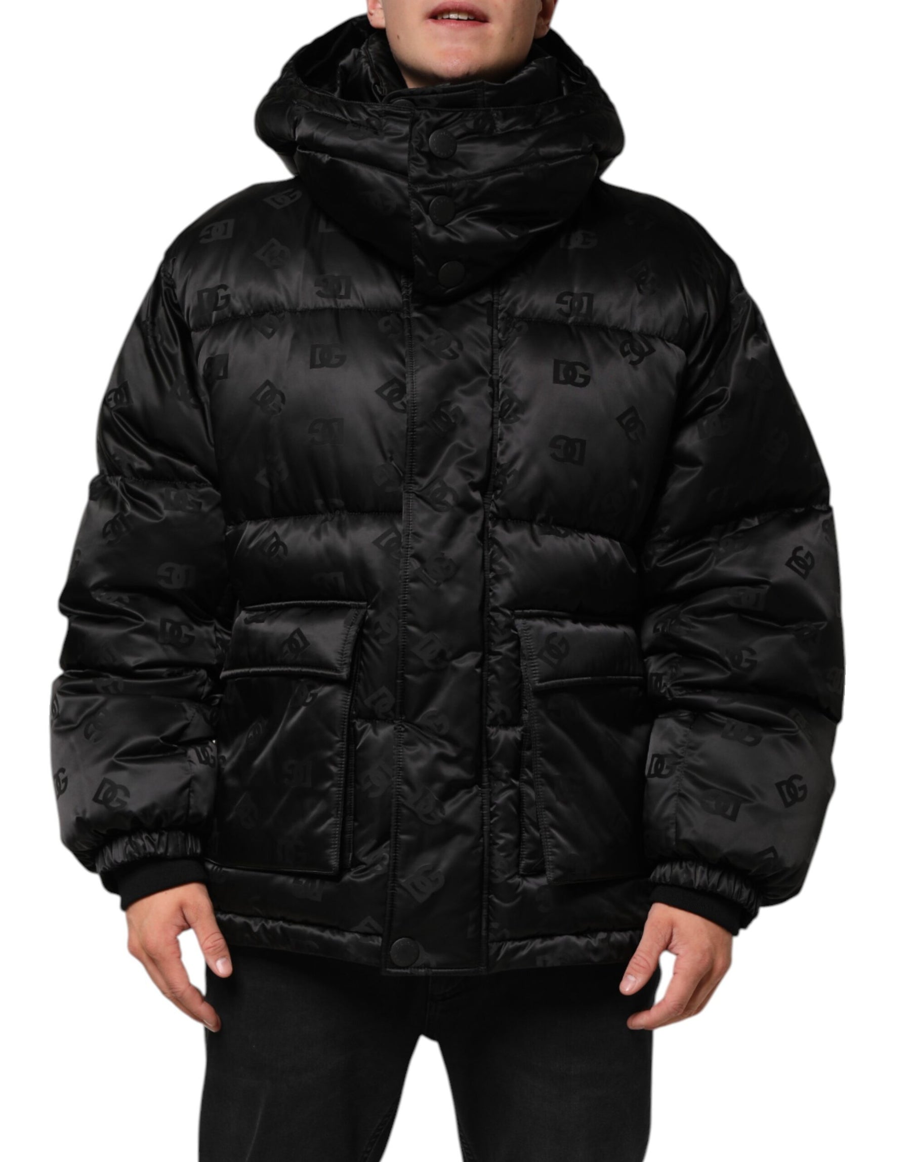 Dolce & Gabbana Black Monogram Logo Puffer Nylon Hooded Jacket | Regal Royce