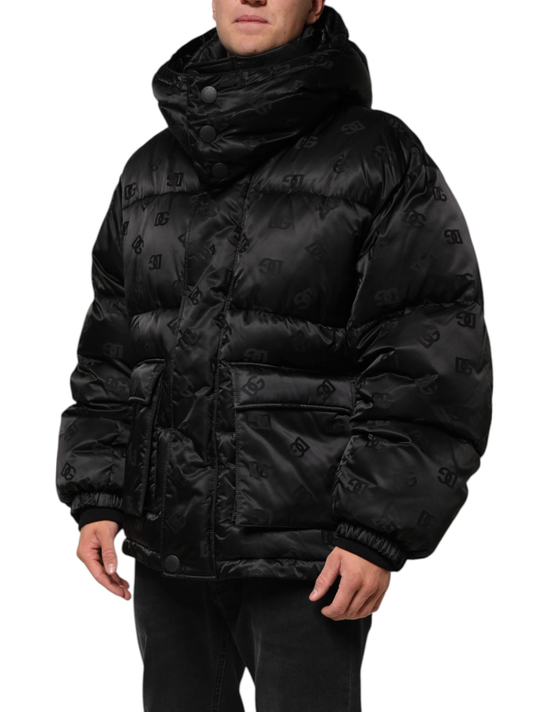 Dolce & Gabbana Black Monogram Logo Puffer Nylon Hooded Jacket | Regal Royce
