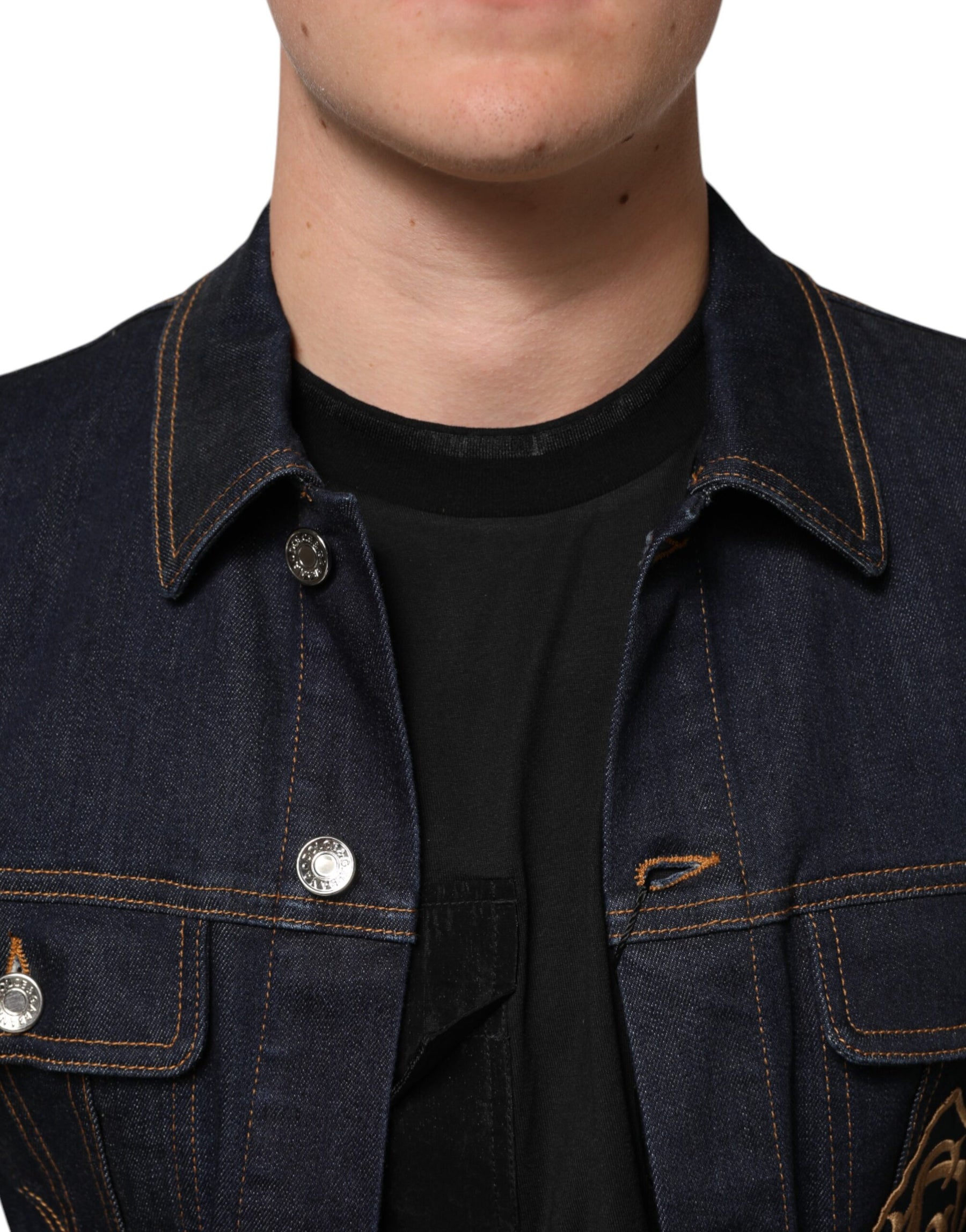 Dolce & Gabbana Indigo Blue Denim Slim Fit Logo Patch Jacket | Regal Royce