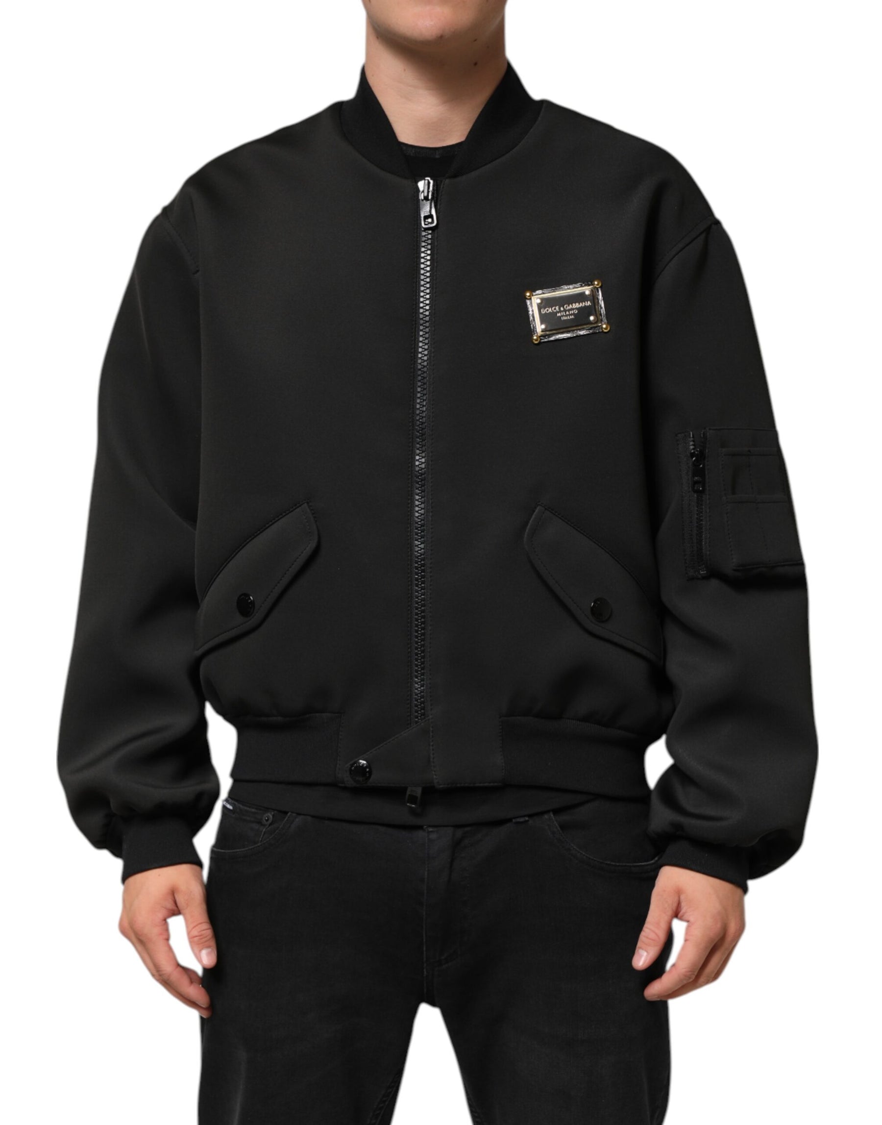 Dolce & Gabbana Black Polyester Logo Plaque Bomber Jacket | Regal Royce
