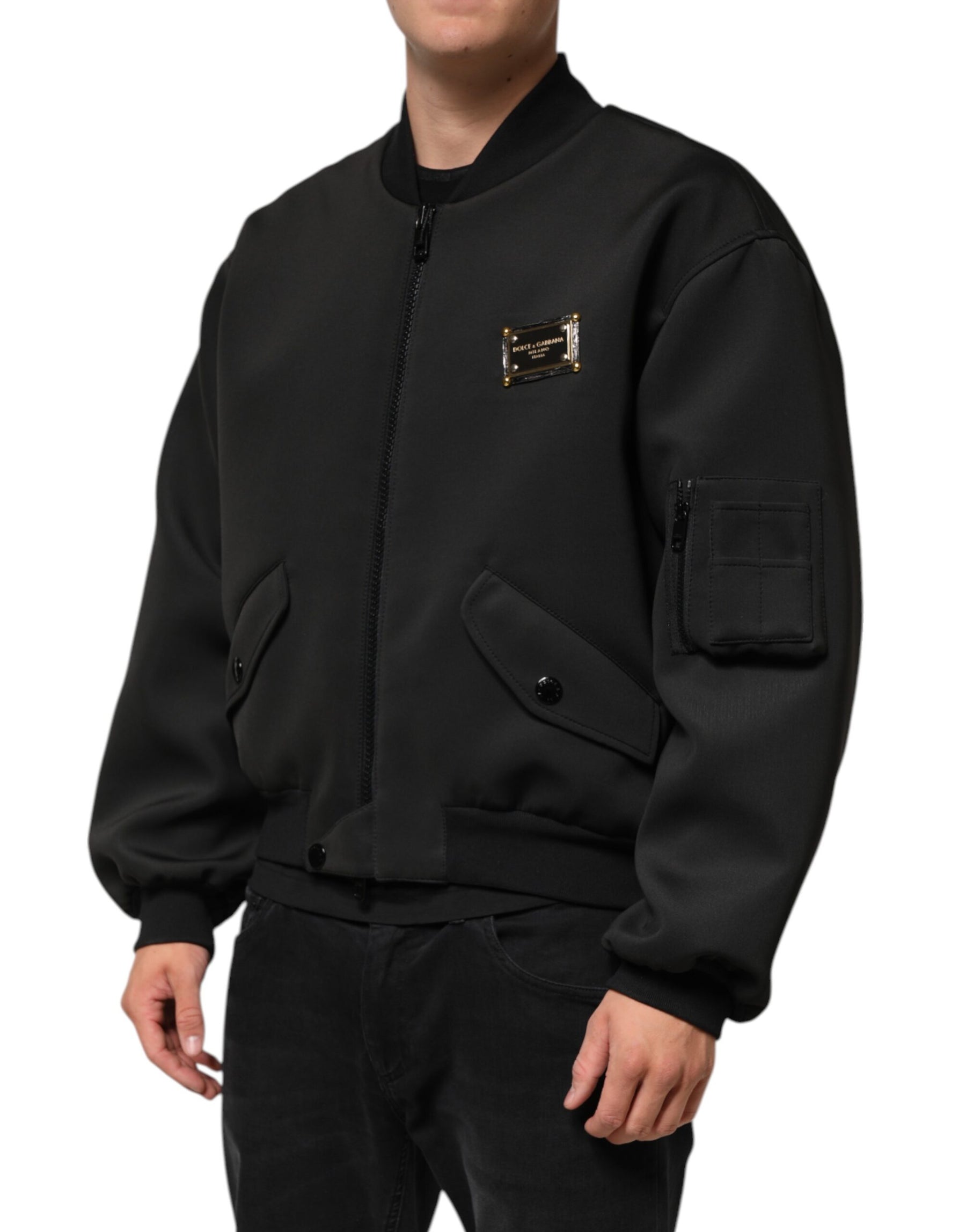 Dolce & Gabbana Black Polyester Logo Plaque Bomber Jacket | Regal Royce