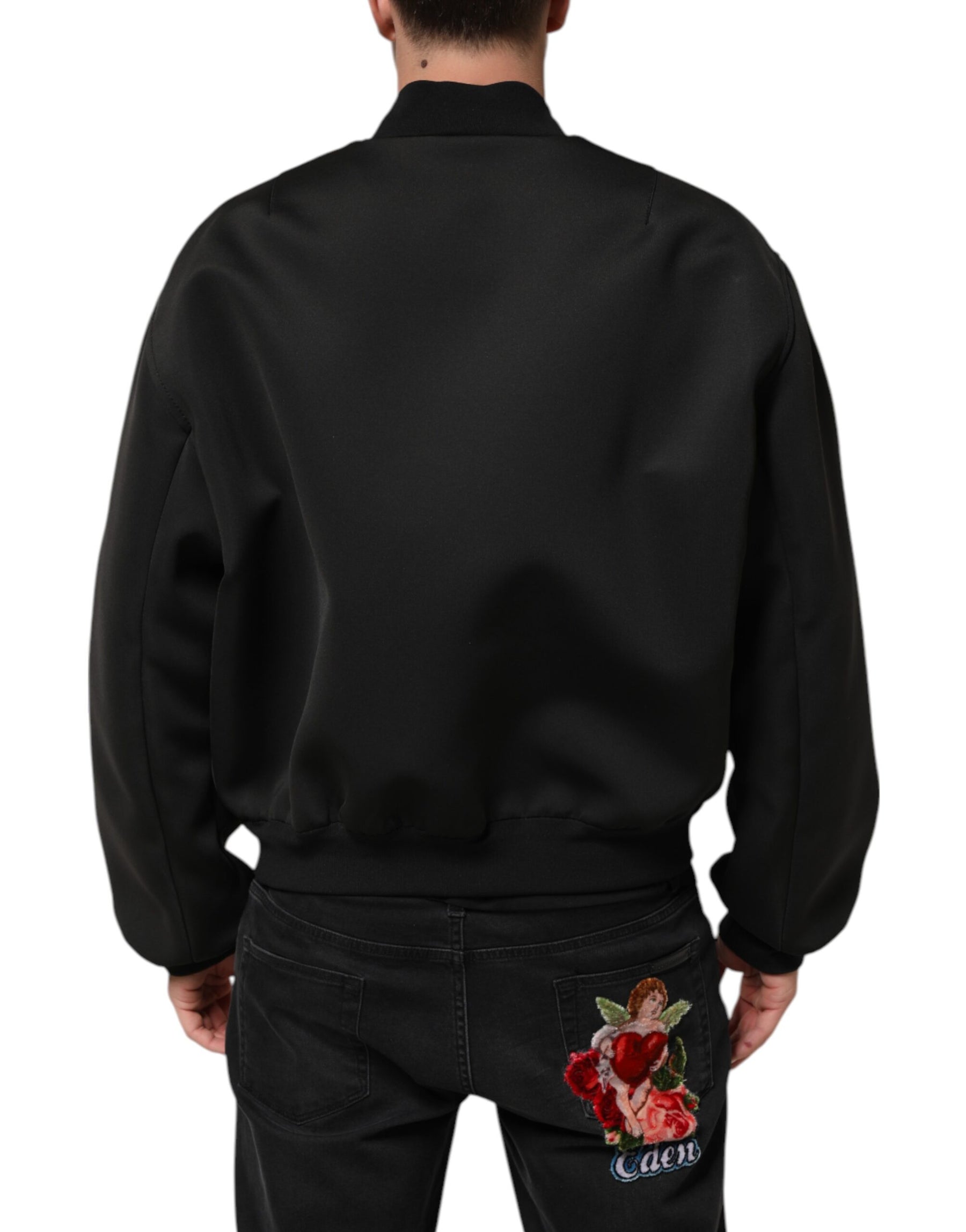 Dolce & Gabbana Black Polyester Logo Plaque Bomber Jacket | Regal Royce