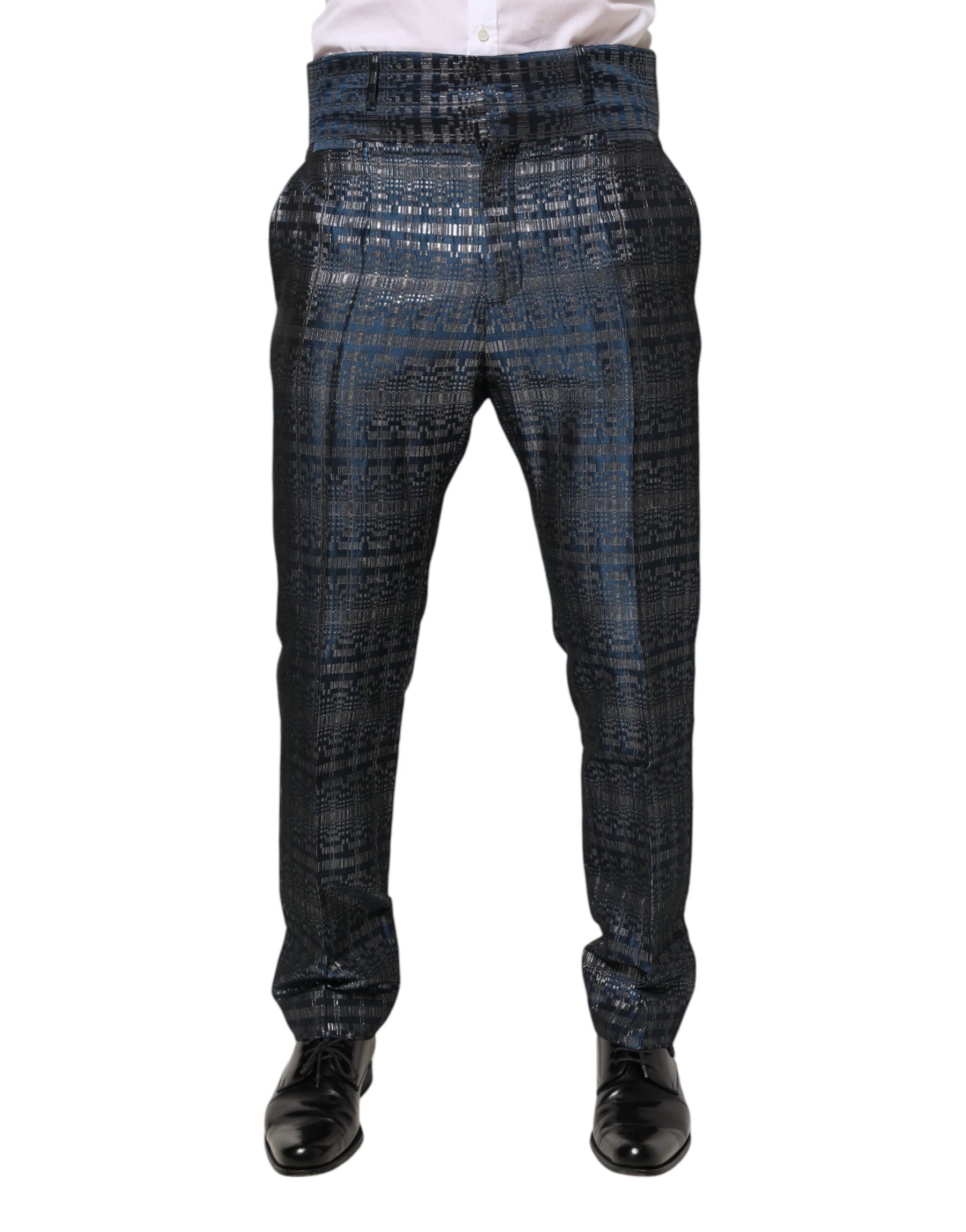 Dolce & Gabbana Blue Silver Shiny Silk Skinny Men Trouser Pants | Regal Royce