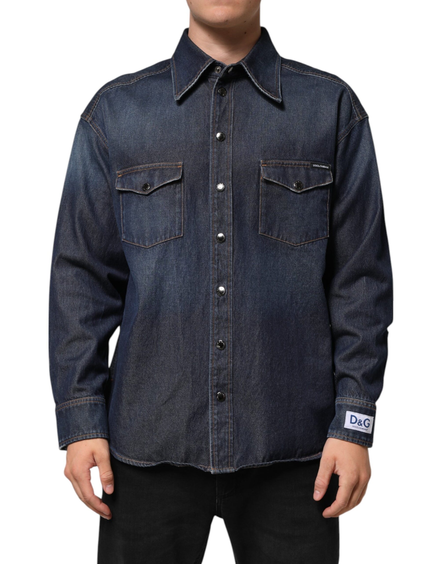 Dolce & Gabbana Blue Denim Button Casual Logo Patch Men Shirt | Regal Royce