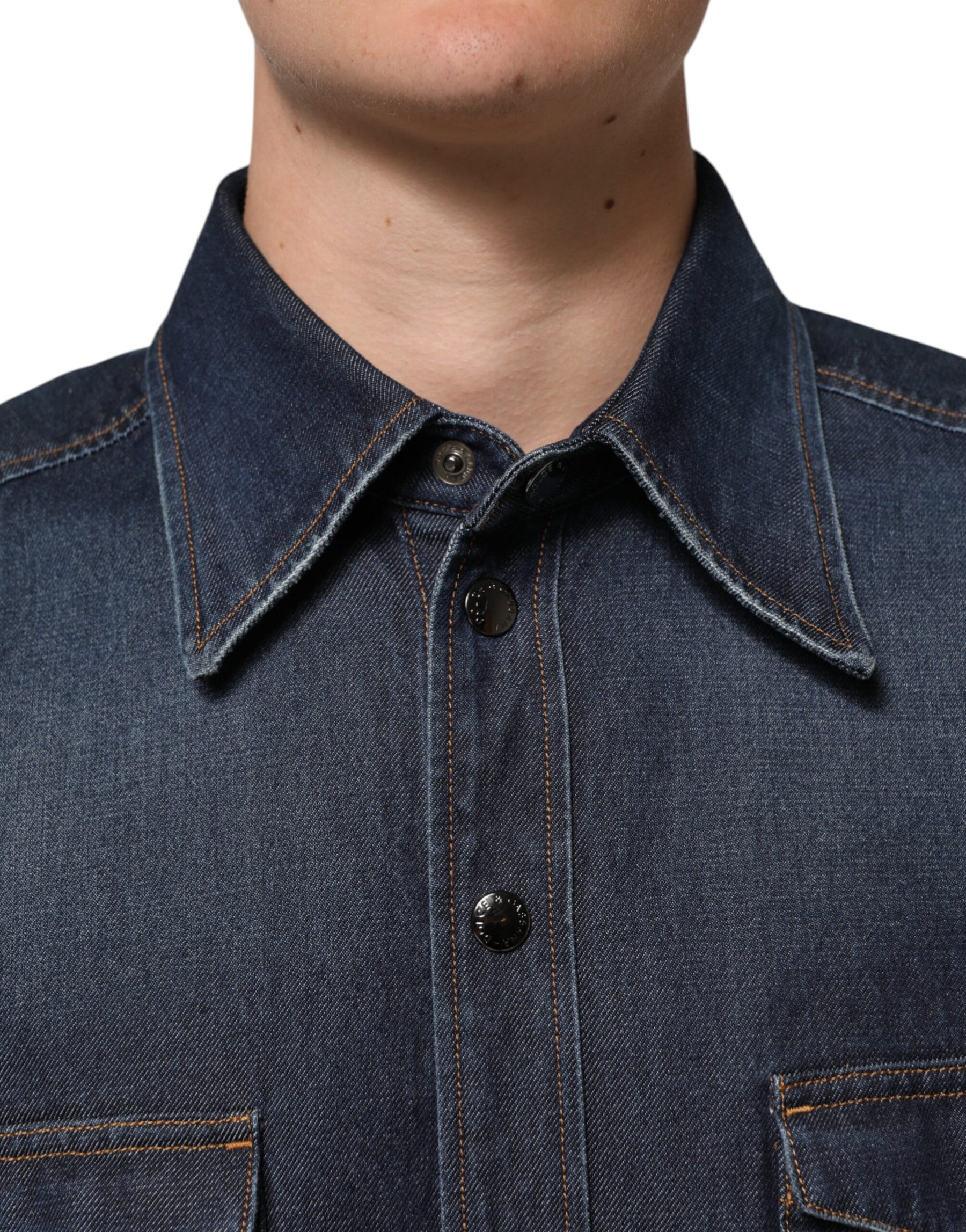 Dolce & Gabbana Blue Denim Button Casual Logo Patch Men Shirt | Regal Royce