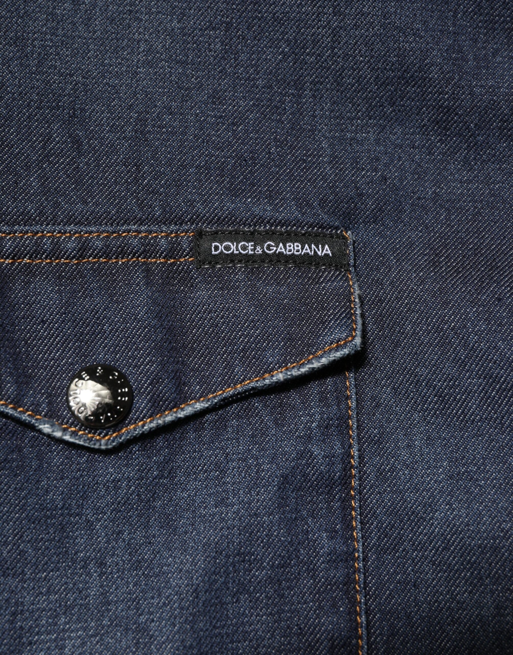 Dolce & Gabbana Blue Denim Button Casual Logo Patch Men Shirt | Regal Royce