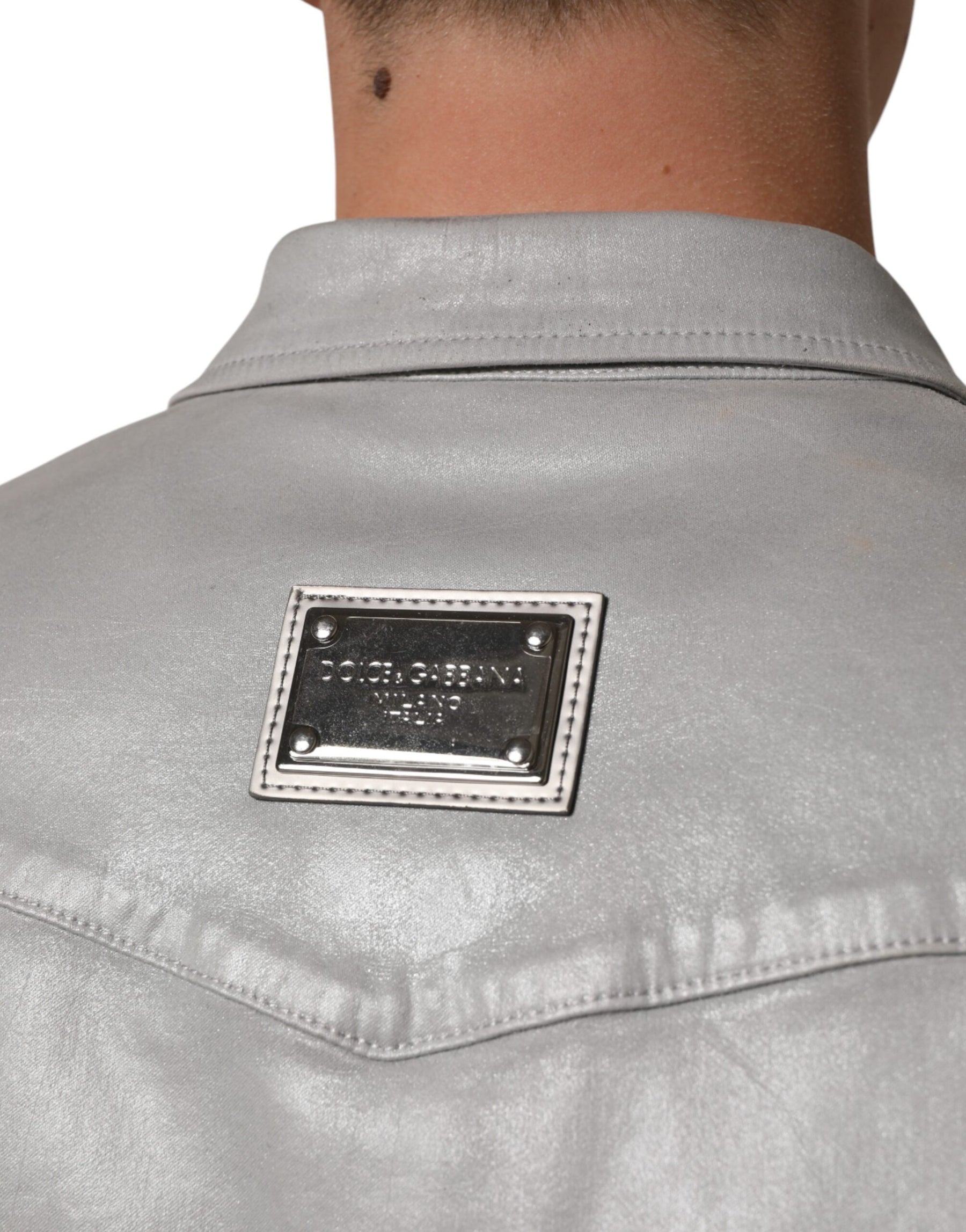 Dolce & Gabbana Gray Coated Cotton Snap Button Logo Men Shirt | Regal Royce