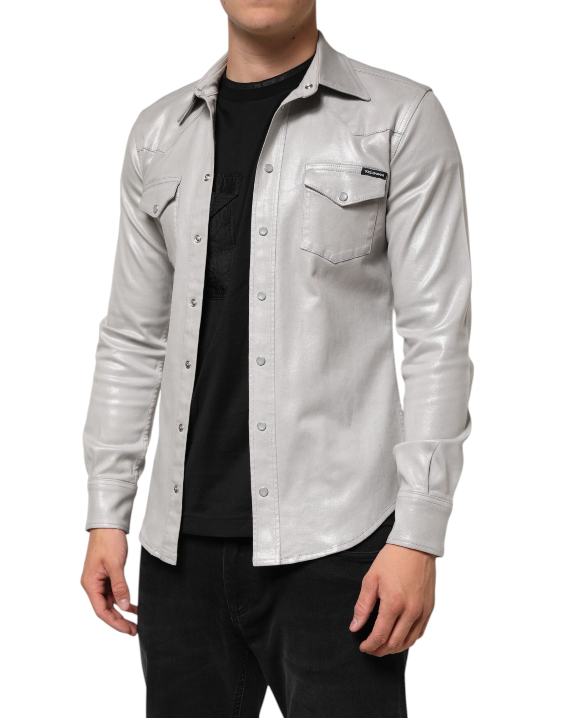 Dolce & Gabbana Metallic Gray Cotton Button Down Men Shirt | Regal Royce