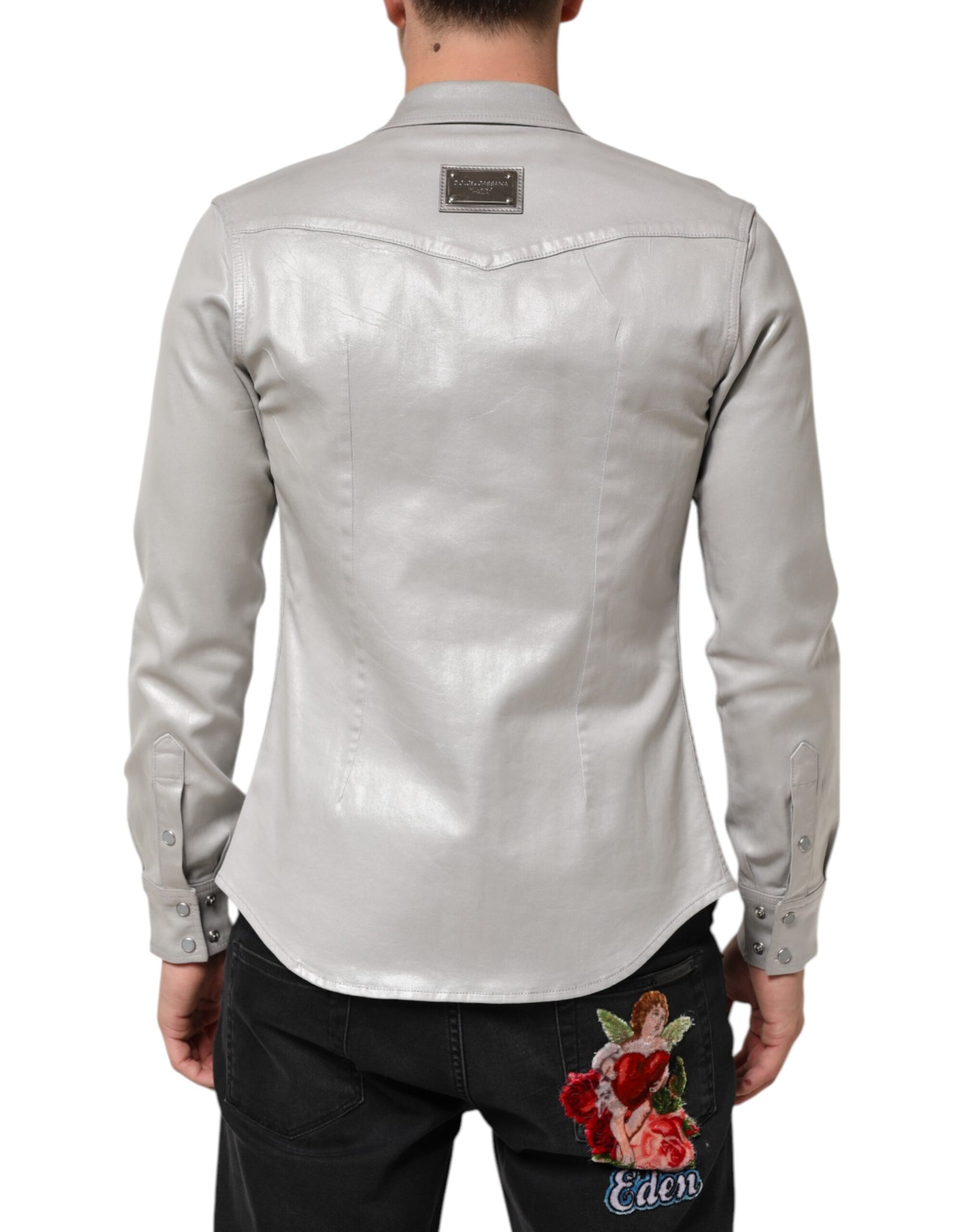 Dolce & Gabbana Metallic Gray Cotton Button Down Men Shirt | Regal Royce
