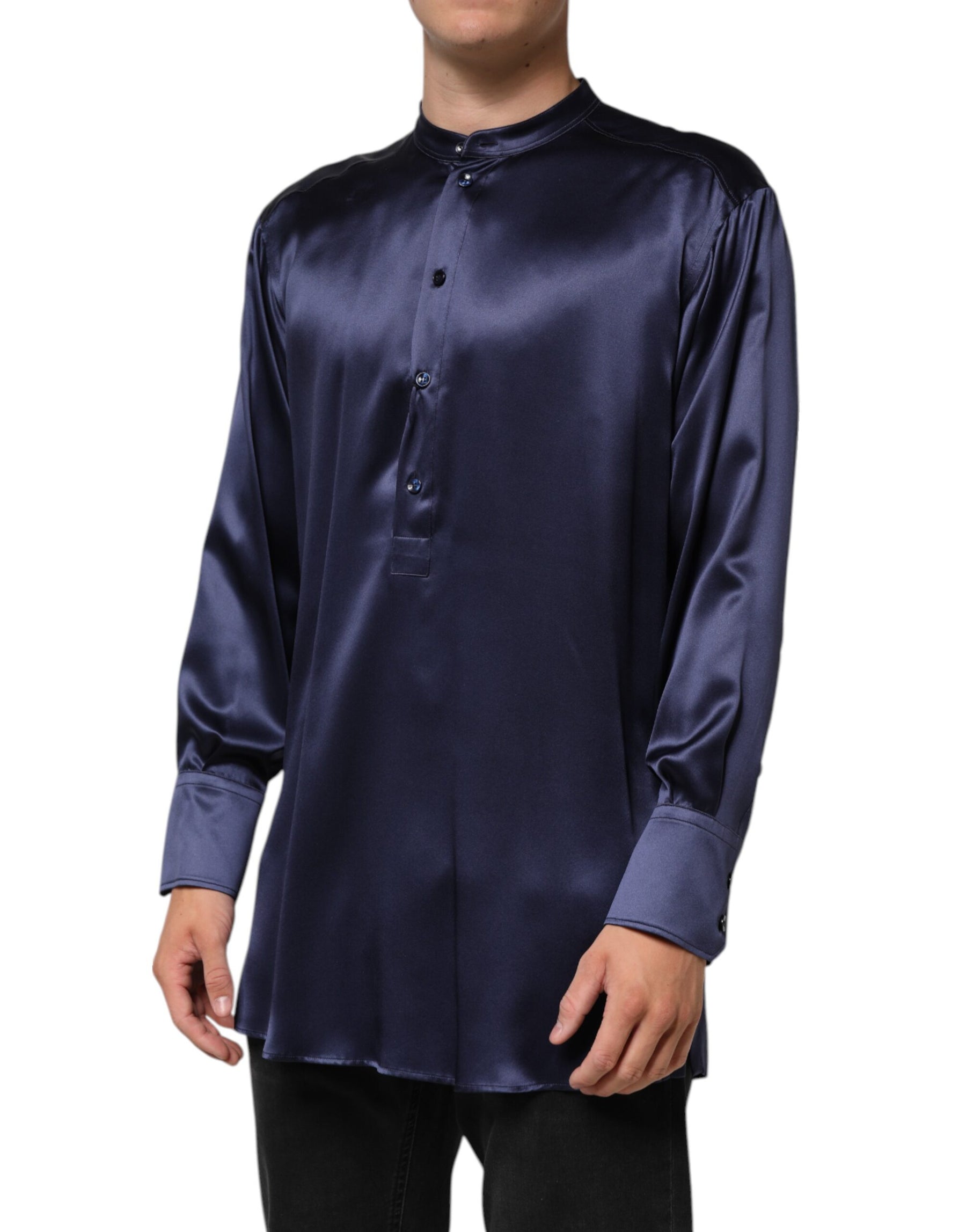 Dolce & Gabbana Navy Silk Long Sleeve Mandarin Collar Shirt | Regal Royce
