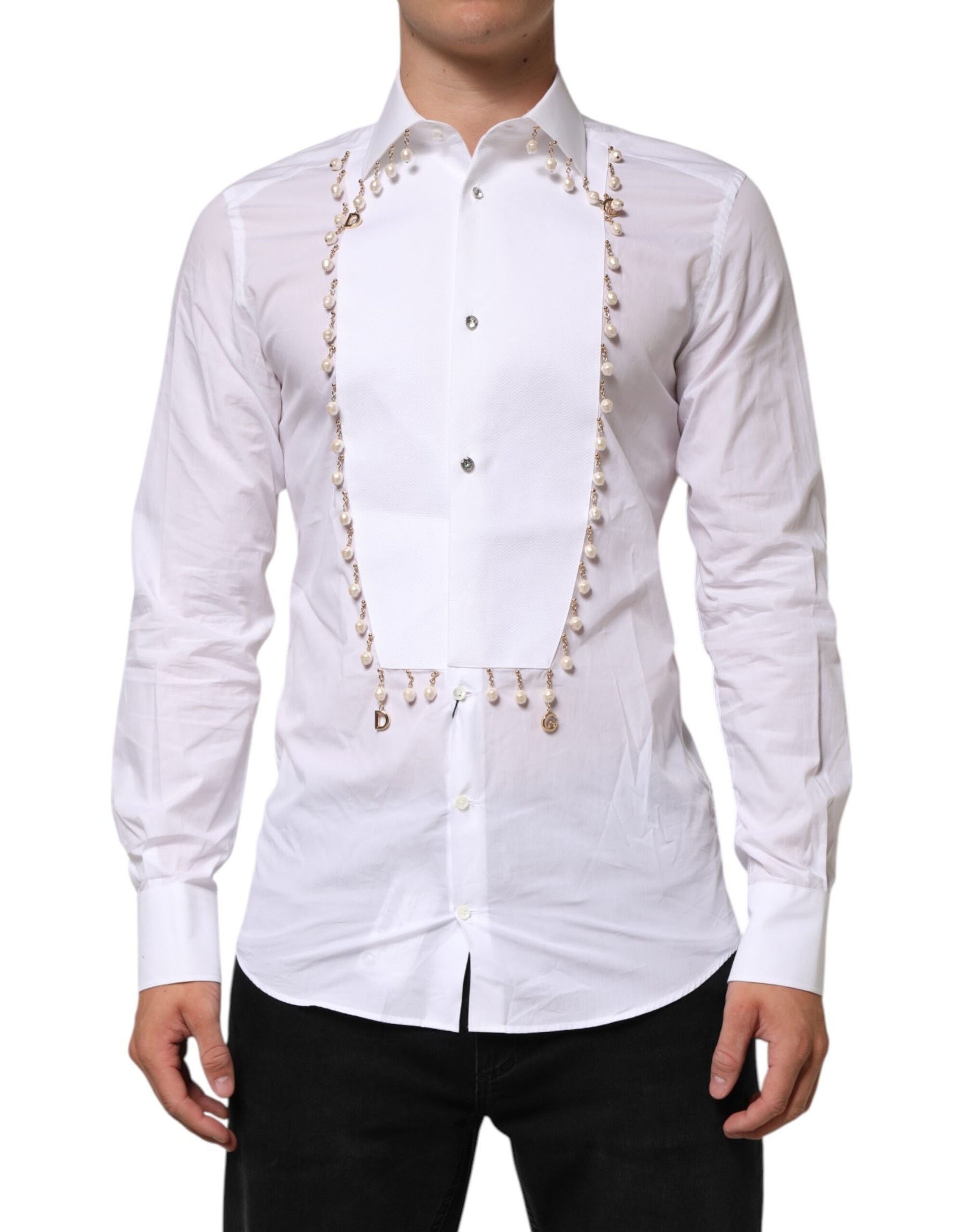 Dolce & Gabbana White Cotton DG Logo Pearl Chain Formal Shirt | Regal Royce