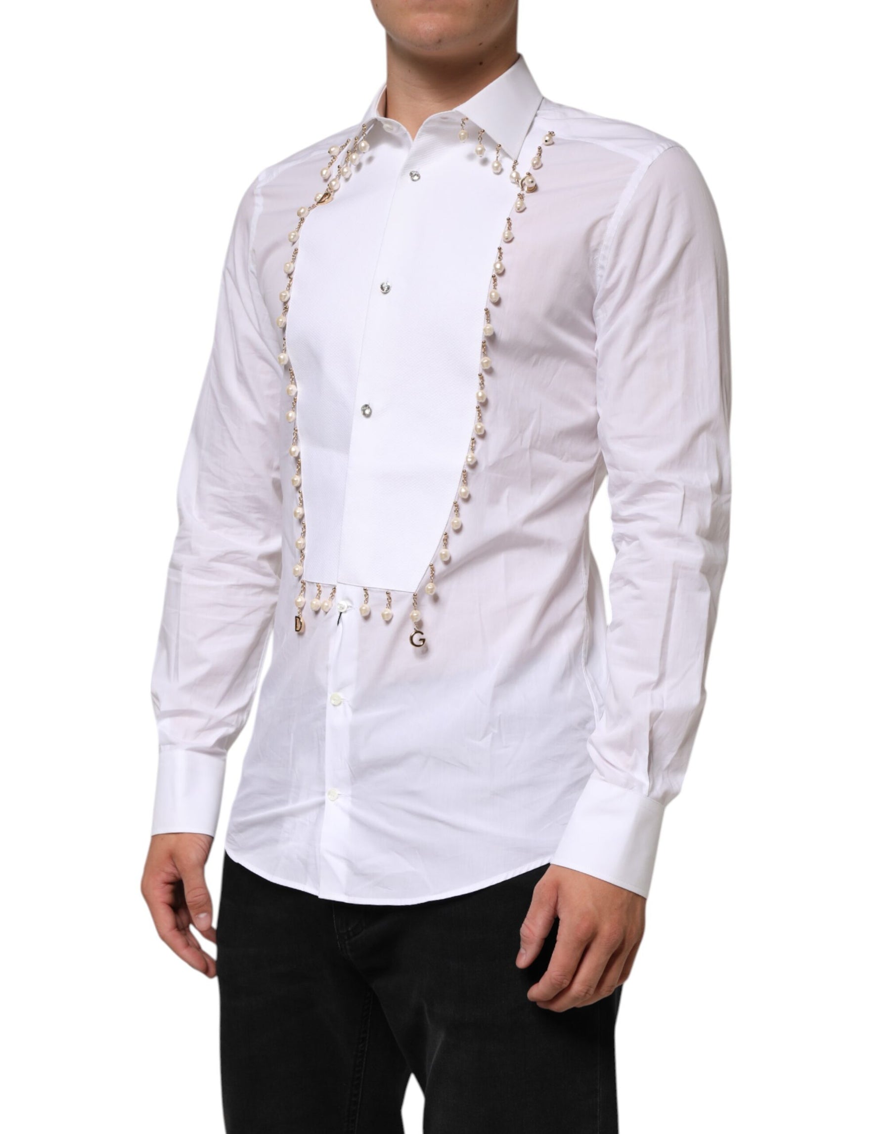 Dolce & Gabbana White Cotton DG Logo Pearl Chain Formal Shirt | Regal Royce