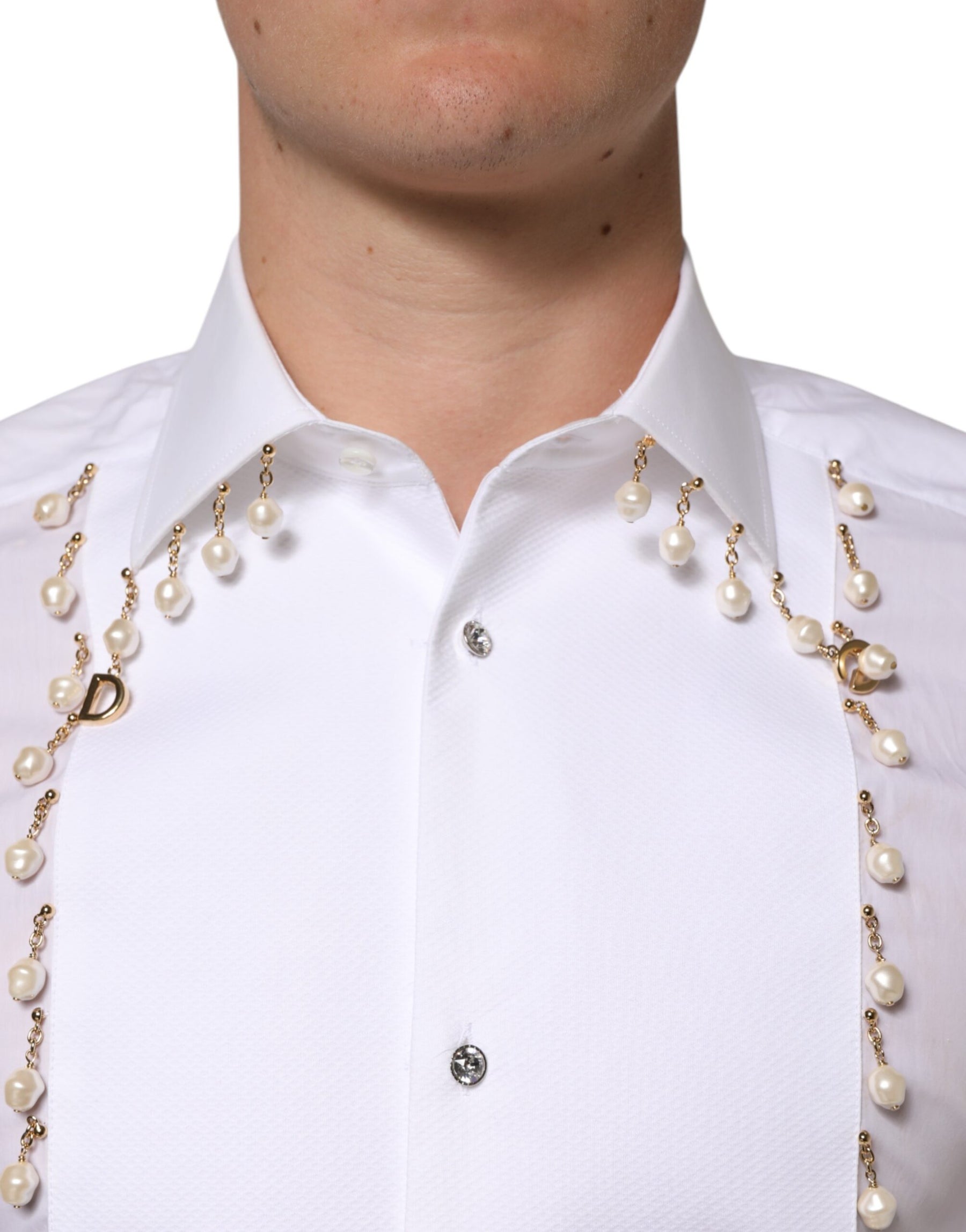 Dolce & Gabbana White Cotton DG Logo Pearl Chain Formal Shirt | Regal Royce