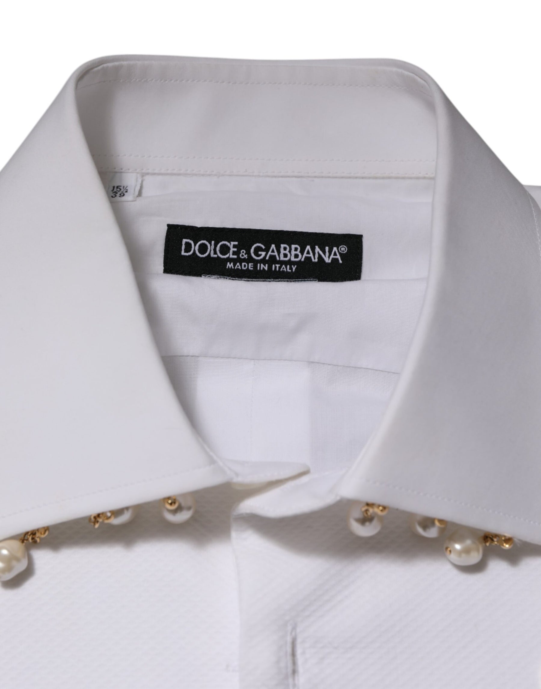 Dolce & Gabbana White Cotton DG Logo Pearl Chain Formal Shirt | Regal Royce