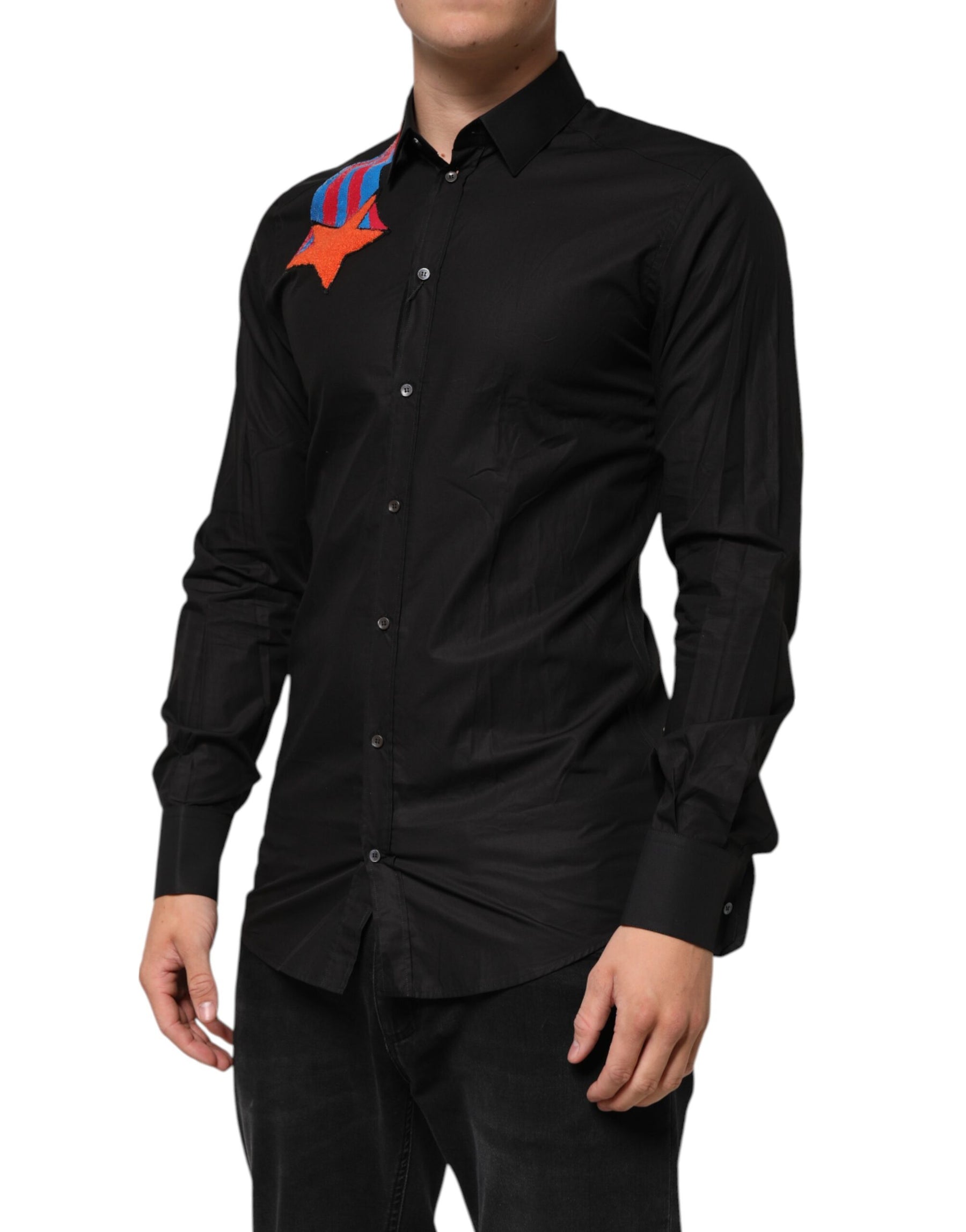 Dolce & Gabbana Black Cotton Star Sequin Dress Formal Men Shirt | Regal Royce