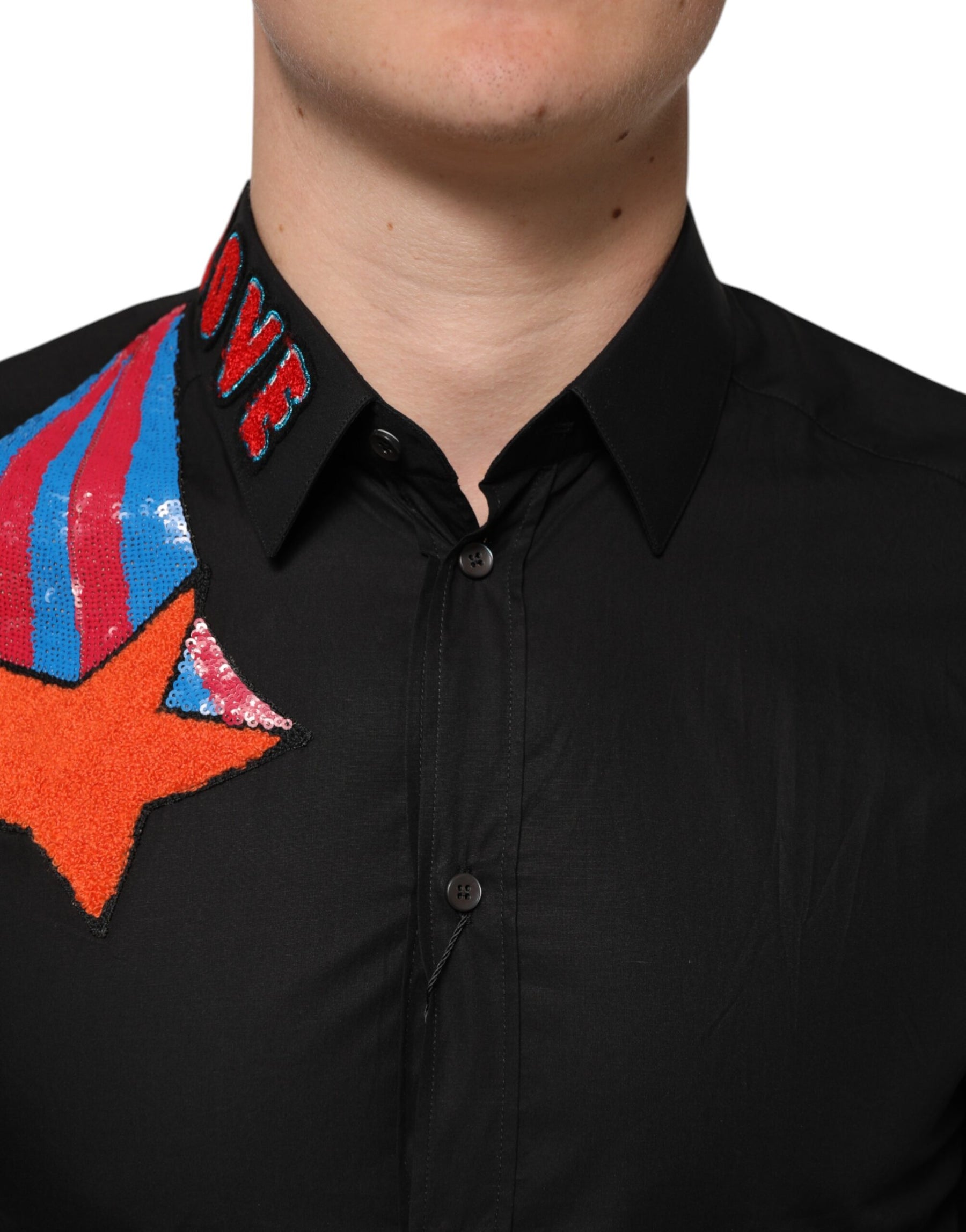 Dolce & Gabbana Black Cotton Star Sequin Dress Formal Men Shirt | Regal Royce