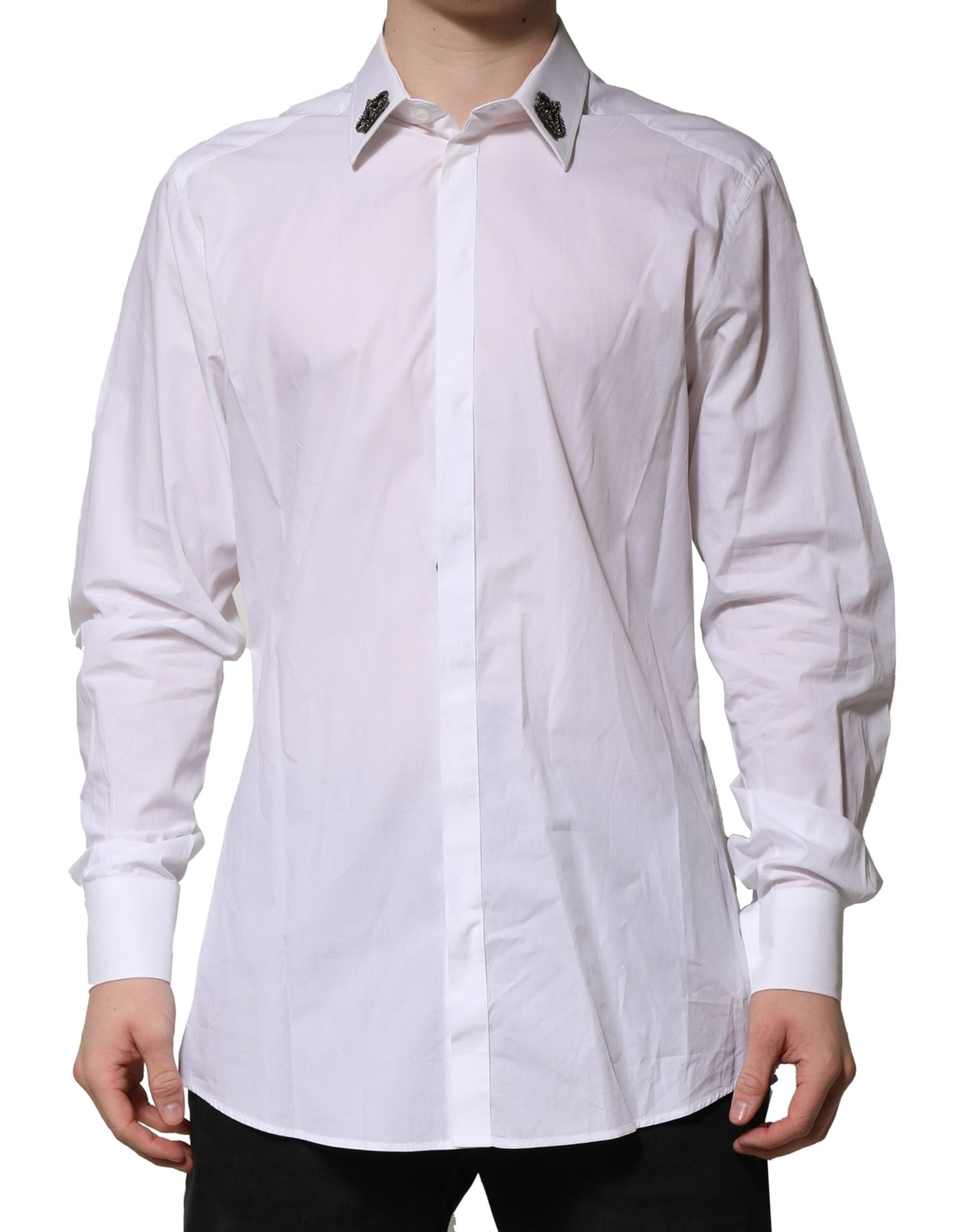 Dolce & Gabbana White Cotton Crown Collar GOLD Formal Shirt | Regal Royce