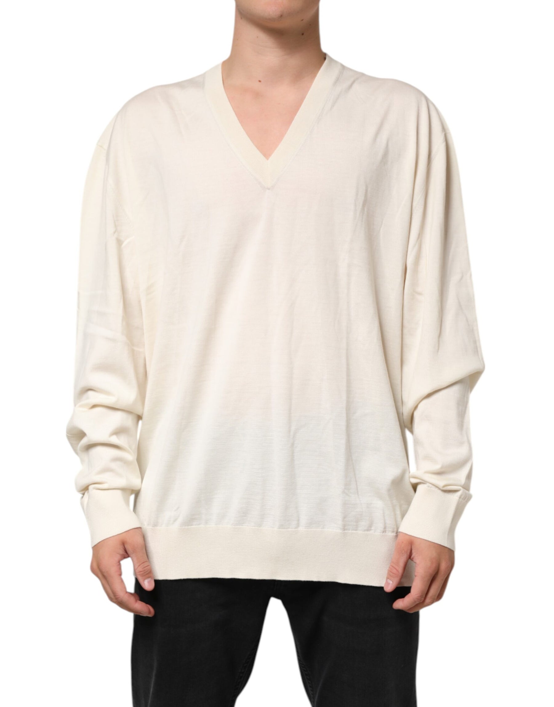 Dolce & Gabbana Ivory Virgin Wool Men V-Neck Knit Sweater | Regal Royce
