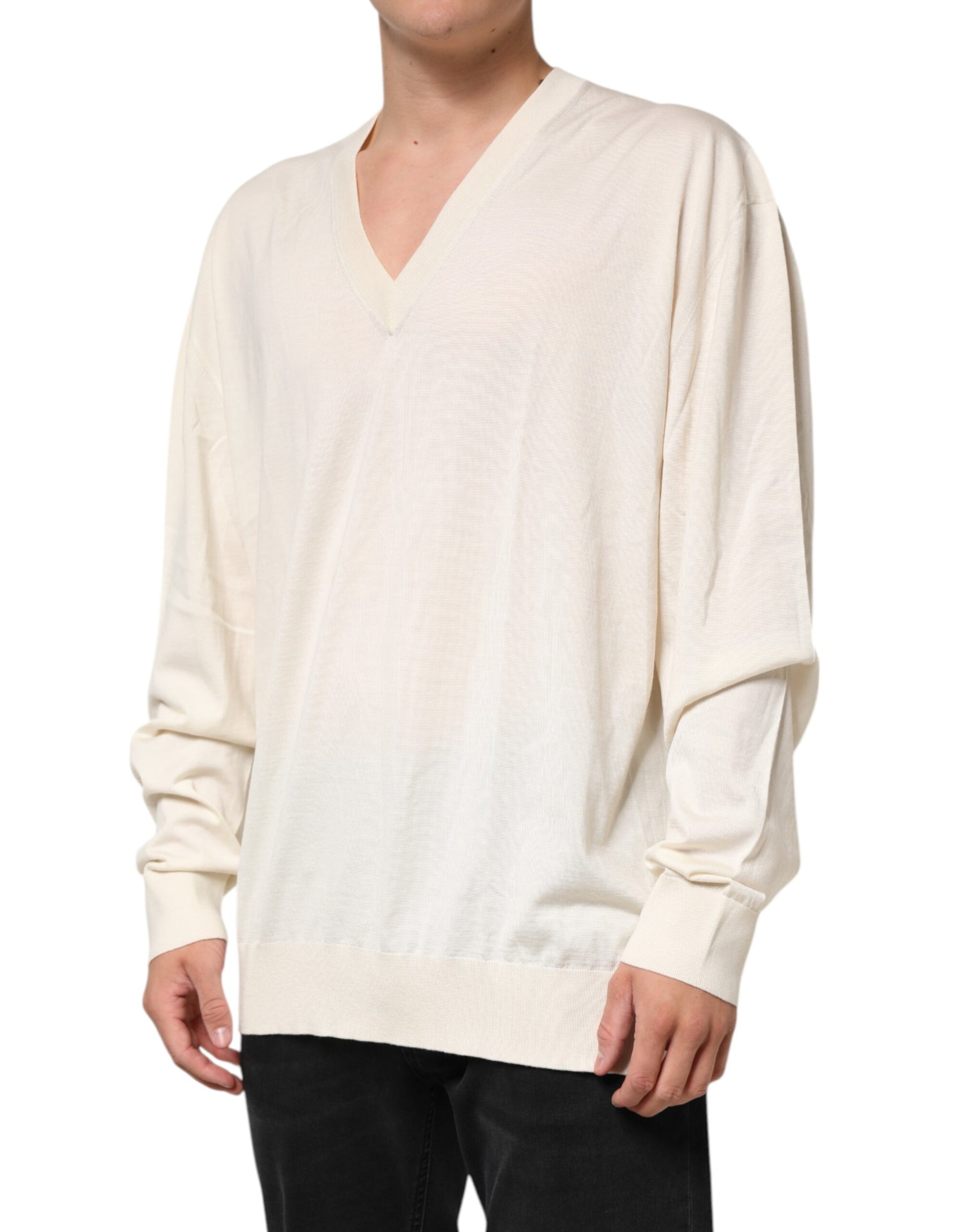 Dolce & Gabbana Ivory Virgin Wool Men V-Neck Knit Sweater | Regal Royce