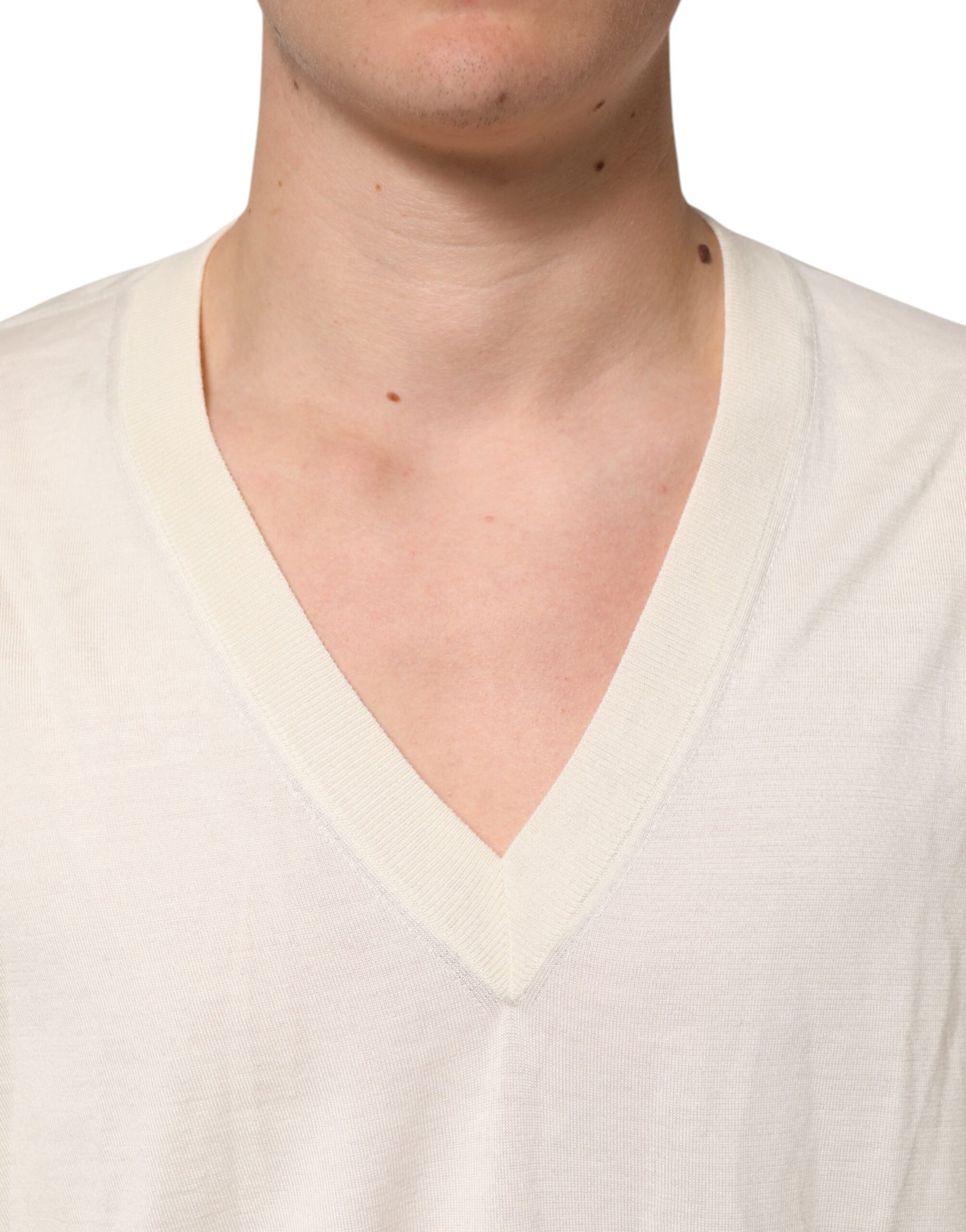 Dolce & Gabbana Ivory Virgin Wool Men V-Neck Knit Sweater | Regal Royce