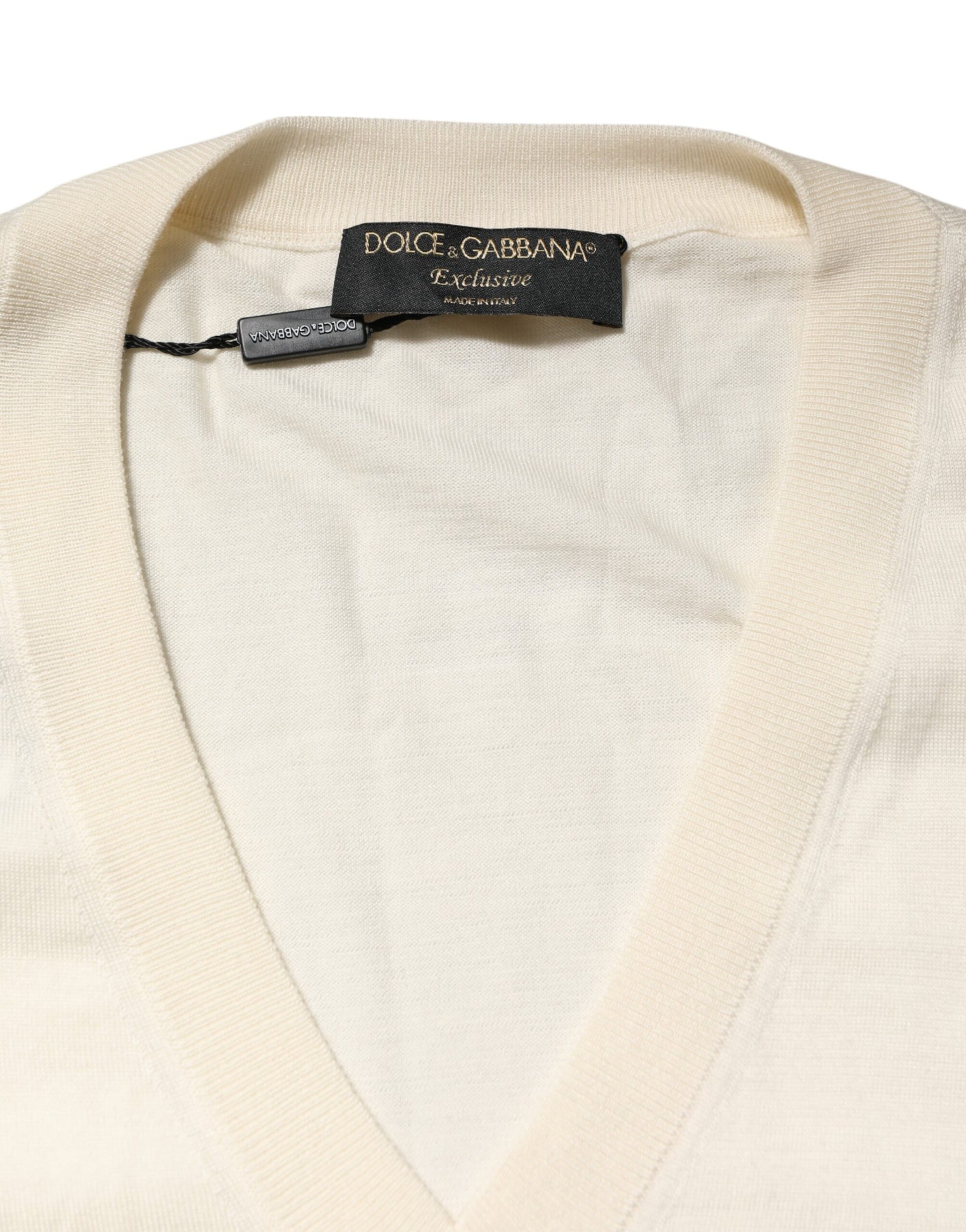 Dolce & Gabbana Ivory Virgin Wool Men V-Neck Knit Sweater | Regal Royce