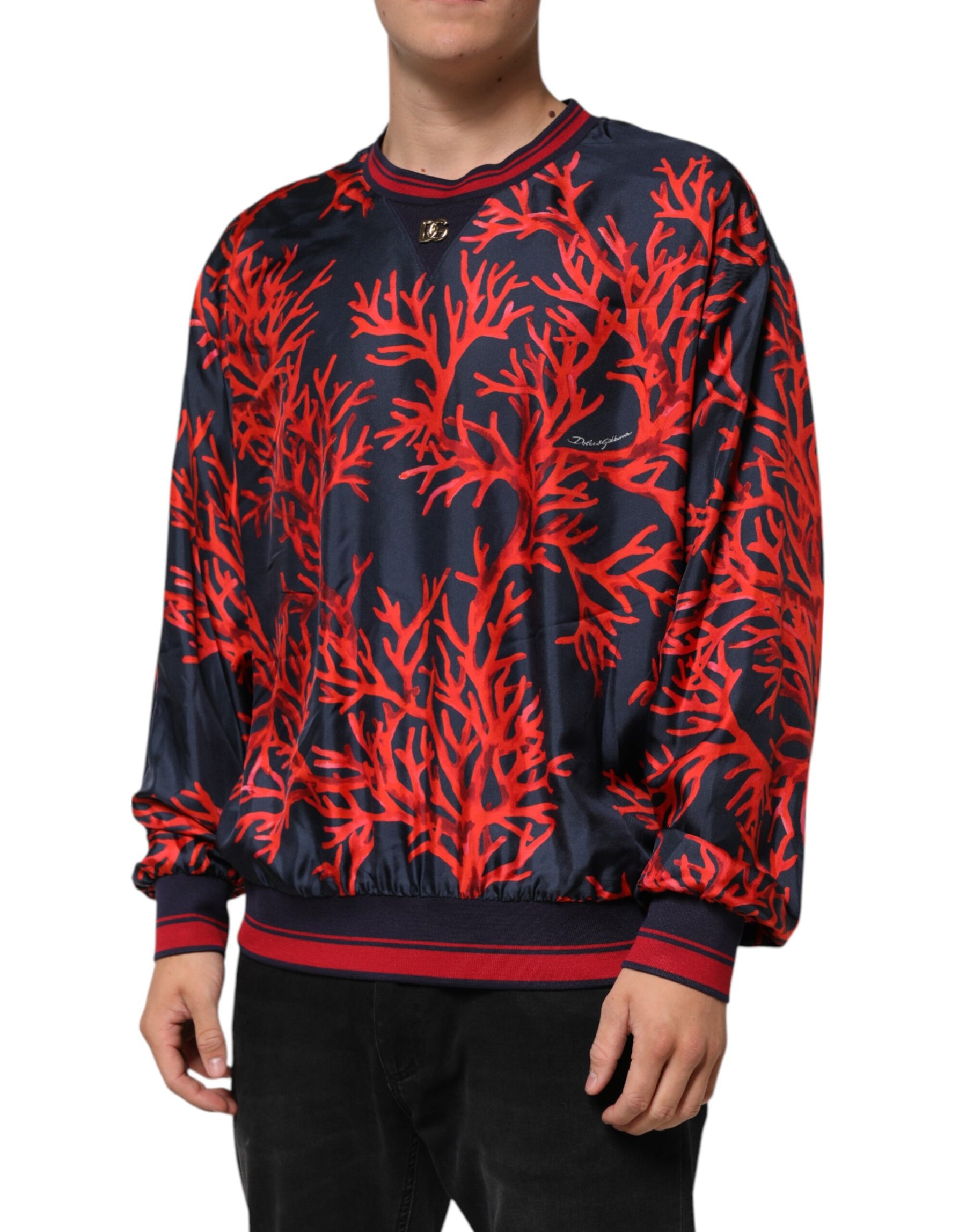 Dolce & Gabbana Silk Navy Red Coral Print Pullover Sweater | Regal Royce