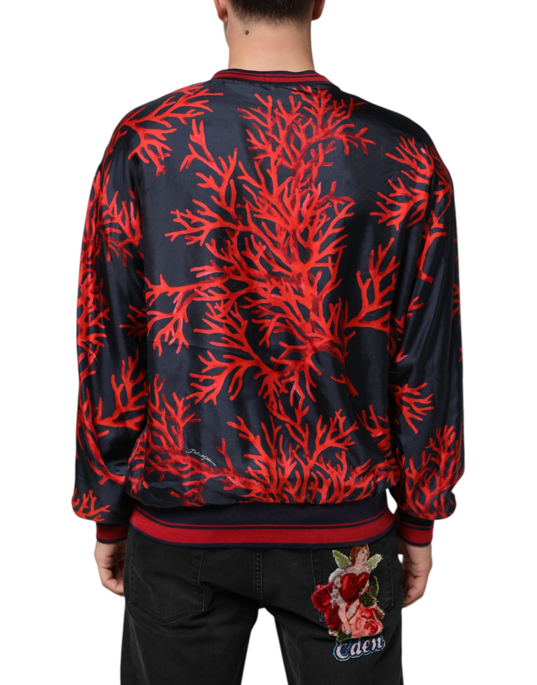 Dolce & Gabbana Silk Navy Red Coral Print Pullover Sweater | Regal Royce